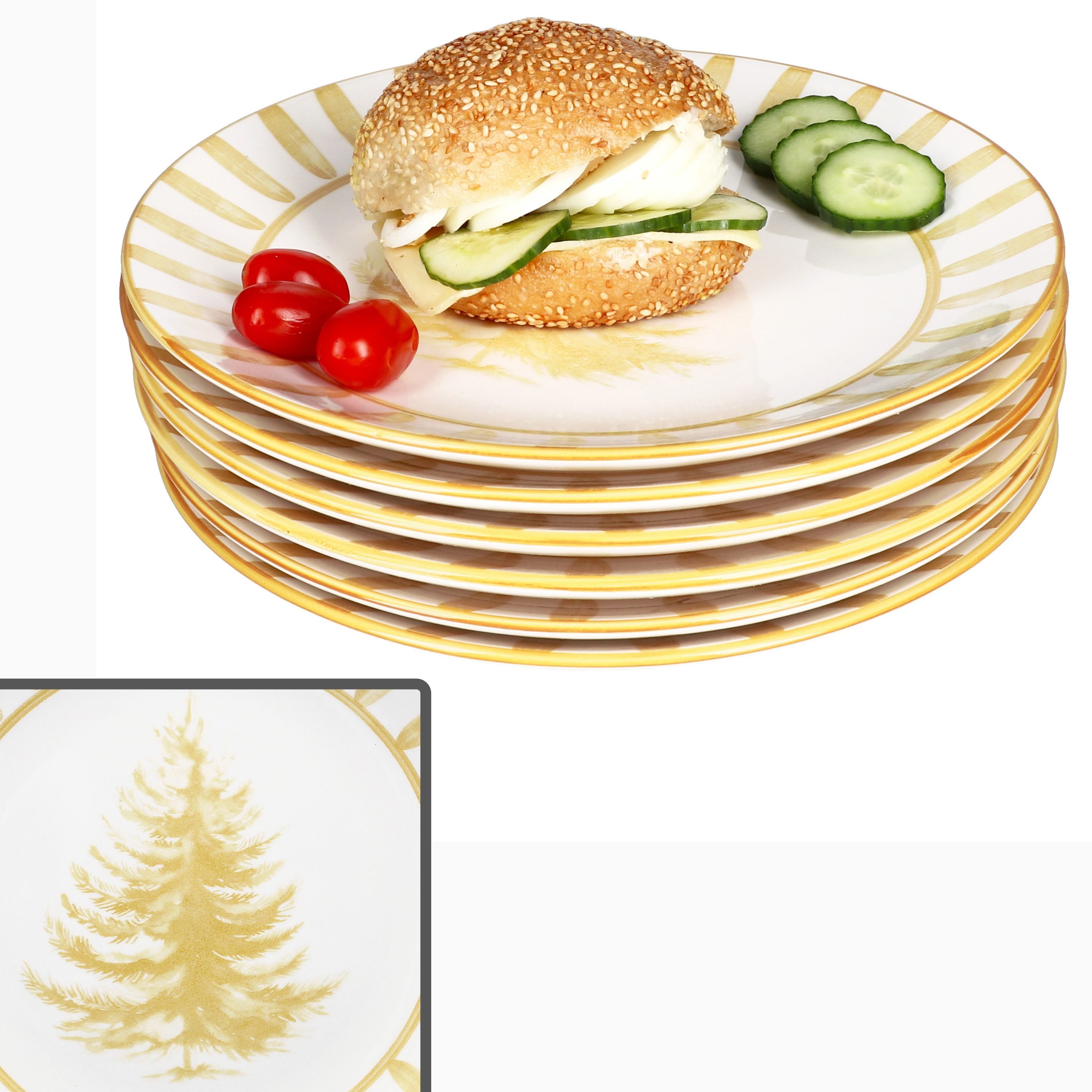 MamboCat Speiseteller 6x Wald ocker Speiseteller Steingut 6 Personen Essteller Streifen, Weihnachtsgeschirr, Weihnachten, Weihnachtsset, Geschirr