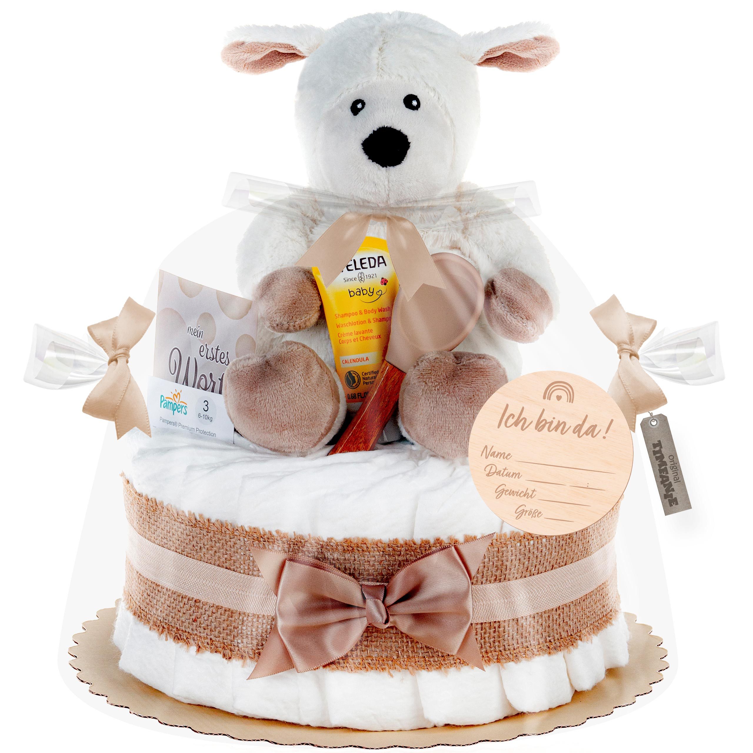 Timfanie Windeln Windeltorte, mit Warmies® Schaf, natur neutral, 0-8 Monate (Handgefertigtes Geschenk - In Folie gehüllt, mit Schleifen verziert, 28-St., 20 Pampers Premium, 1 Marken-Kuscheltie, wertige Accessoires), Das Perfekte Geschenk zur Geburt oder Babyparty.