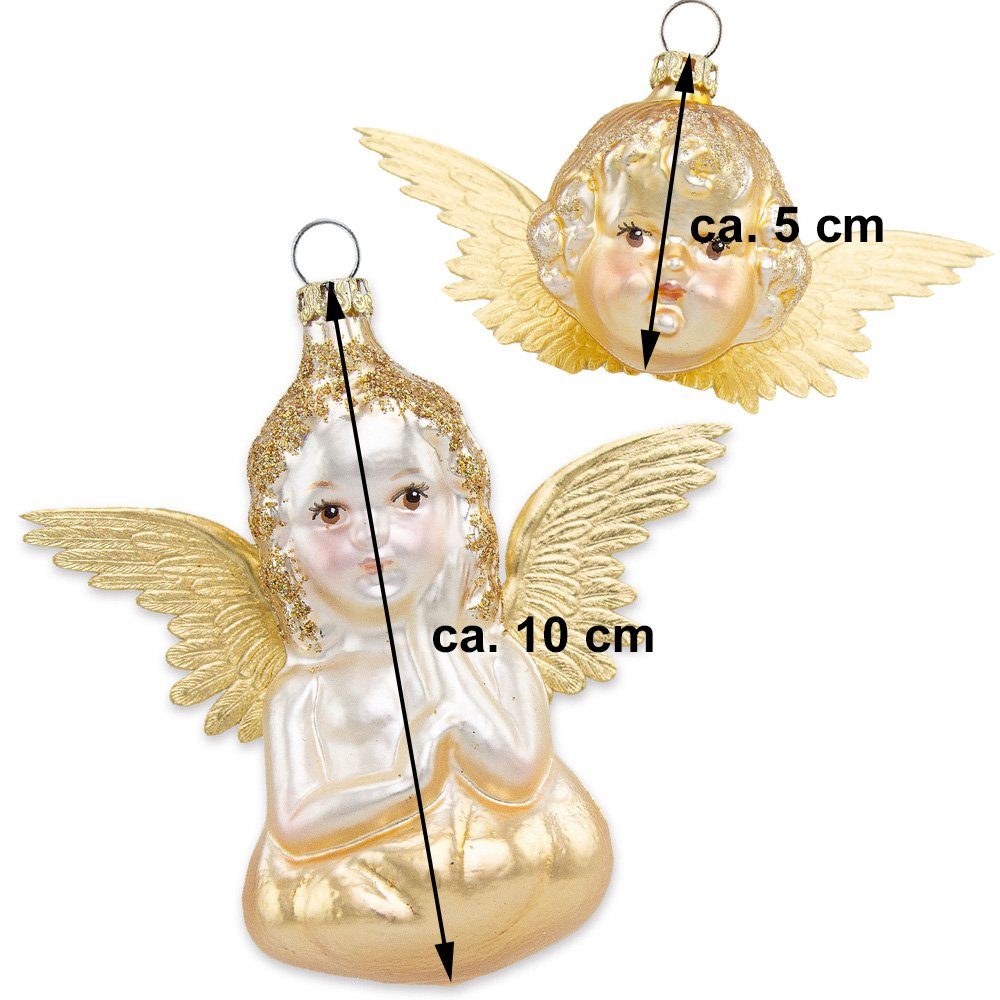 Thüringer Glasdesign Christbaumschmuck Engel 5 und 10 cm (2 Stück) - Gold, Weihnachtsbaum Anhänger (2-tlg), Mundgeblasen