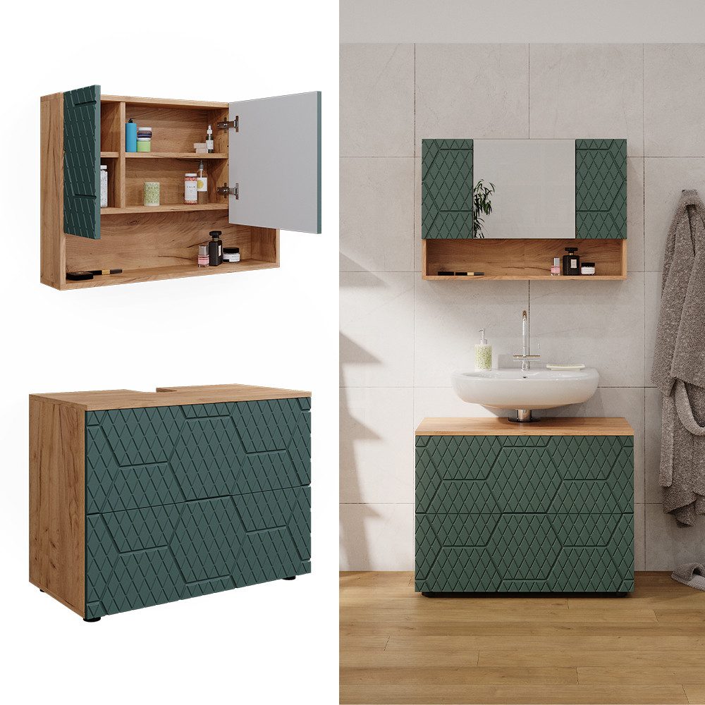 Vicco Badmöbel-Set Irma, Goldkraft Eiche/Grün, 2 günstig online kaufen