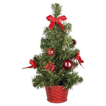 Idena Dekobaum 8582154 Weihnachtsbaum 35 cm, geschmückt, mit LED Lichterkette, batteriebetrieben, Weihnachtsdekoration, Weihnachten, rot