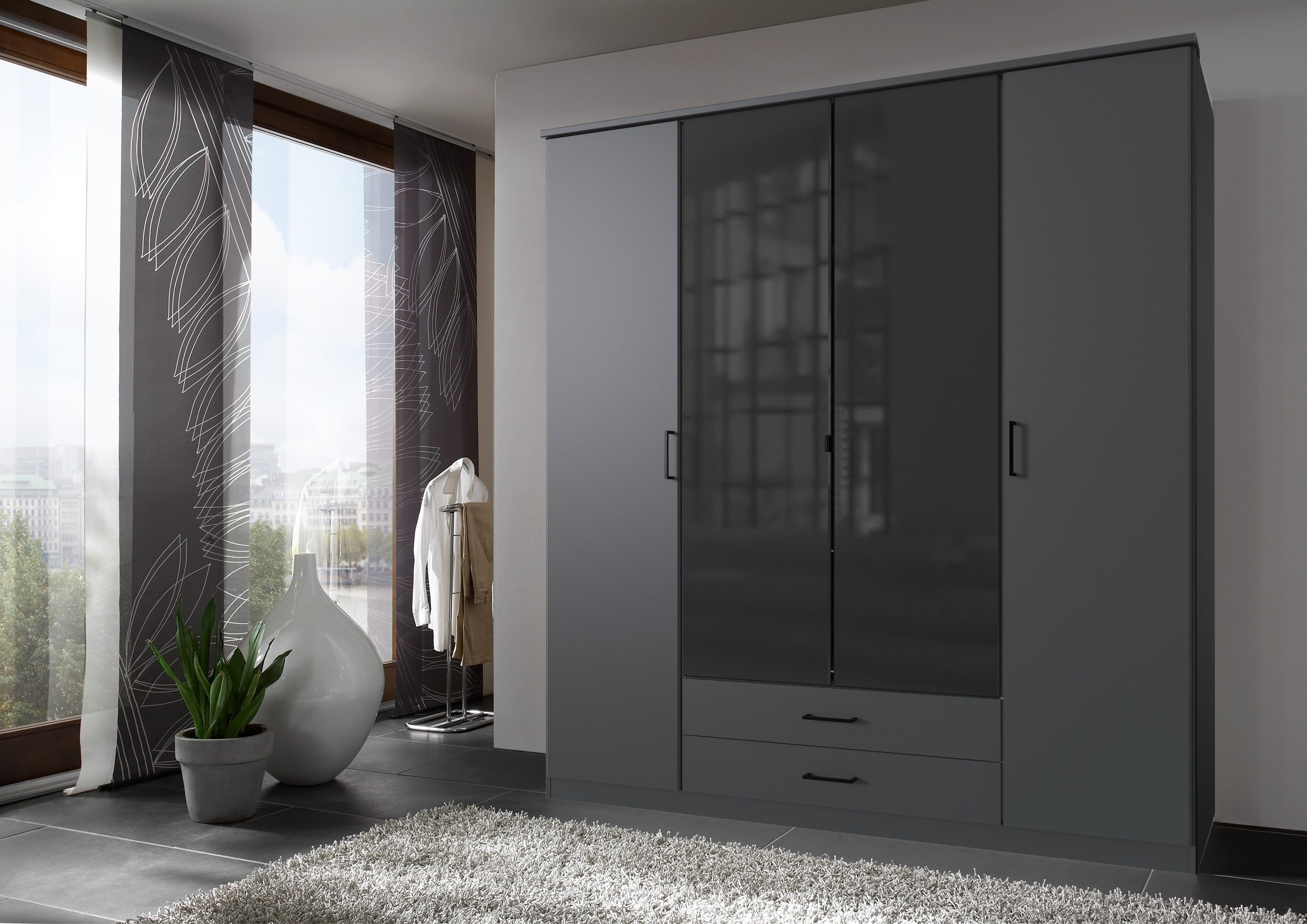 freiraum Drehtürenschrank Soest in GRAPHIT + GLAS SCHWARZ - 180x199x58cm (BxHxT)