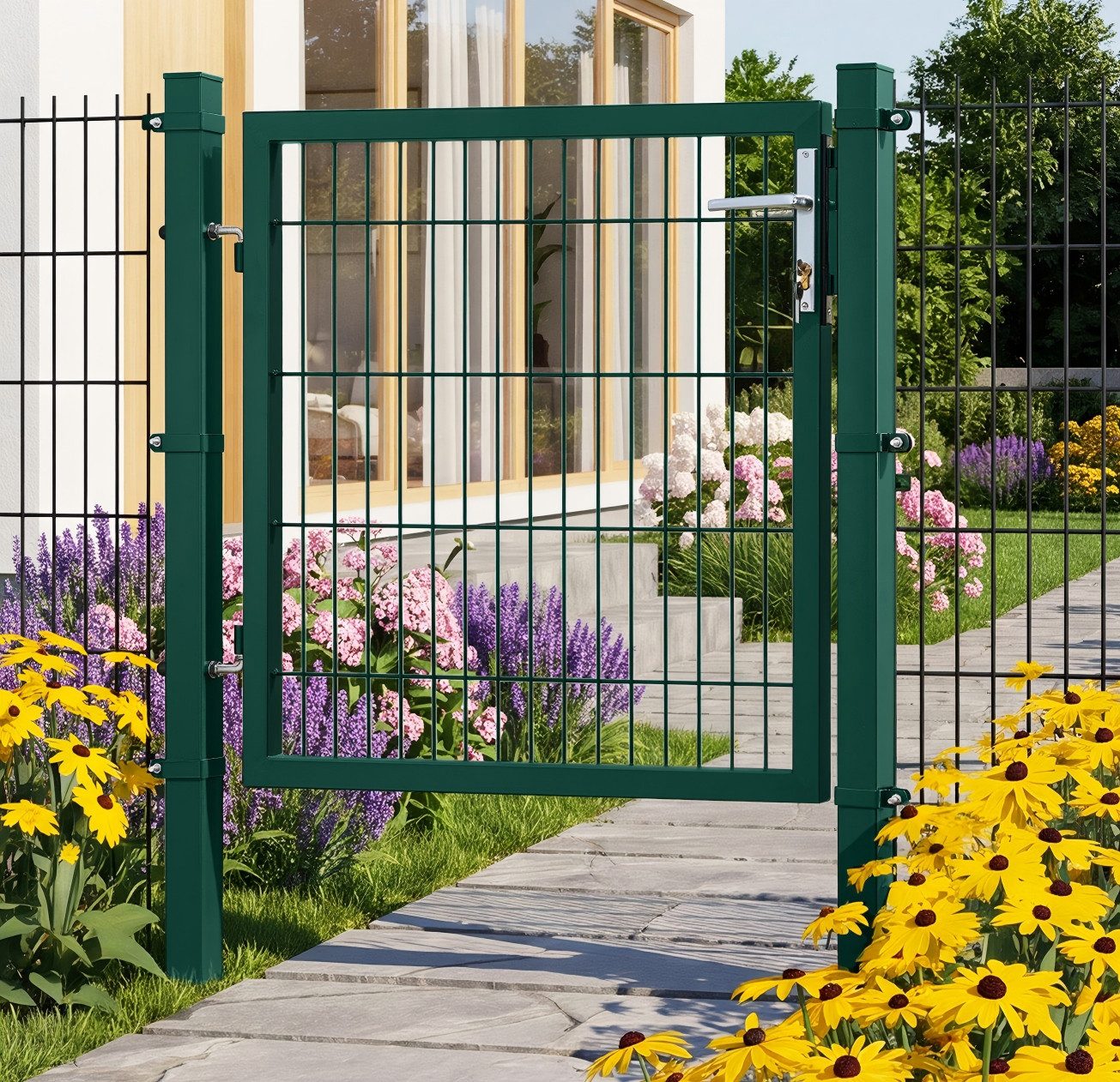 SONGMICS Gartentor Zauntür mit Schloss und Türklinke, für Garten oder Hof, verzinkter Stahl, 106 x 145 cm, rechteckiges Rohr