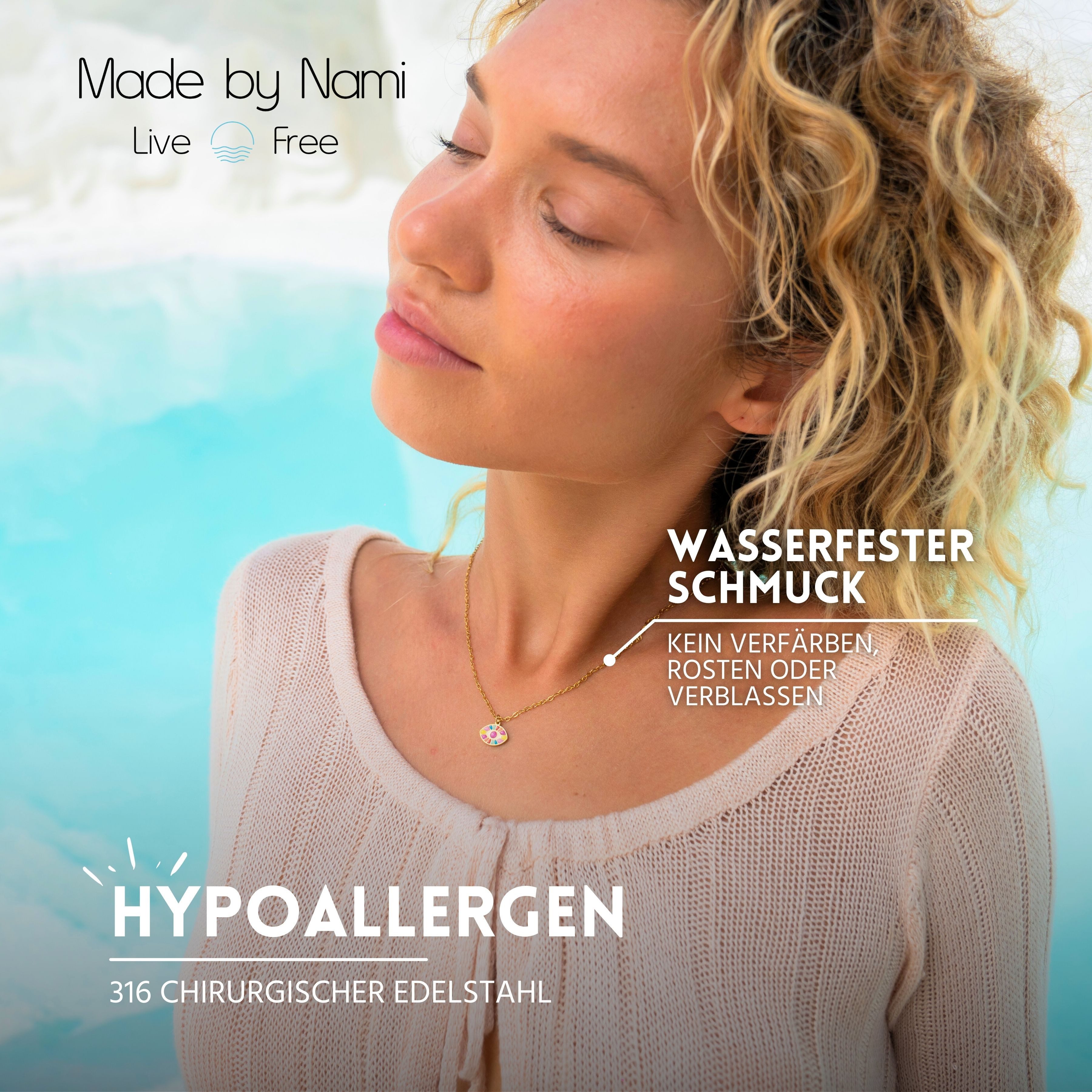 Made by Nami Kette mit Anhänger vergoldet mit Evil Eye Anhänger aus Chirurgischem Edelstahl 40 + 5 cm, Halskette Damen Gold mit Nazar Anhänger Wasserfester Schm – Bild 2 von 5