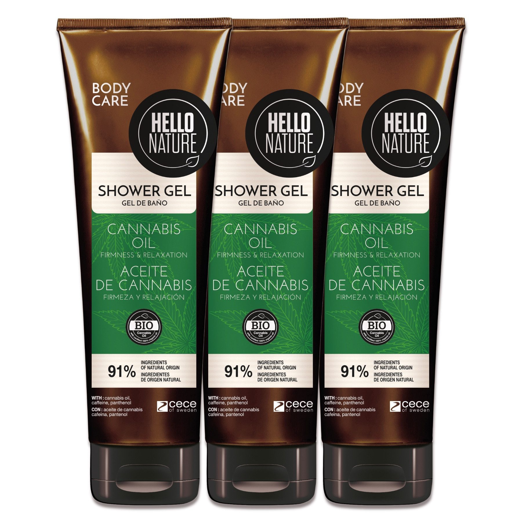 Hello Nature Duschgel Duschbad Herren Damen Hanf Cannabis Shower Gel Bio Vegan, 3-tlg., Hanföl, Duschgel, Körperpflege