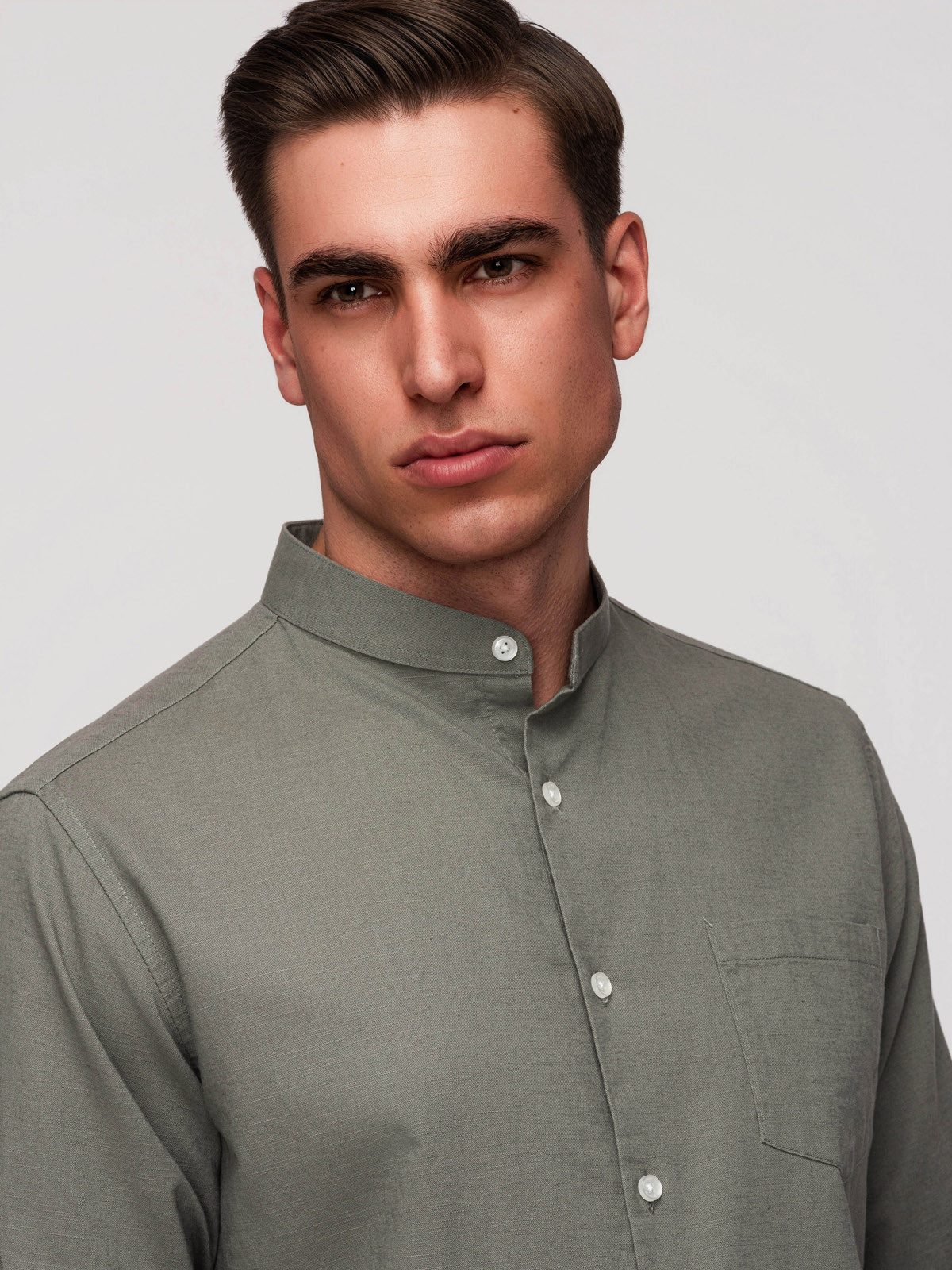 OMBRE Langarmhemd Herren Leinenhemd Stehkragen Casual Khaki L (kein Set, 1-tlg) Stójka statt Kragen