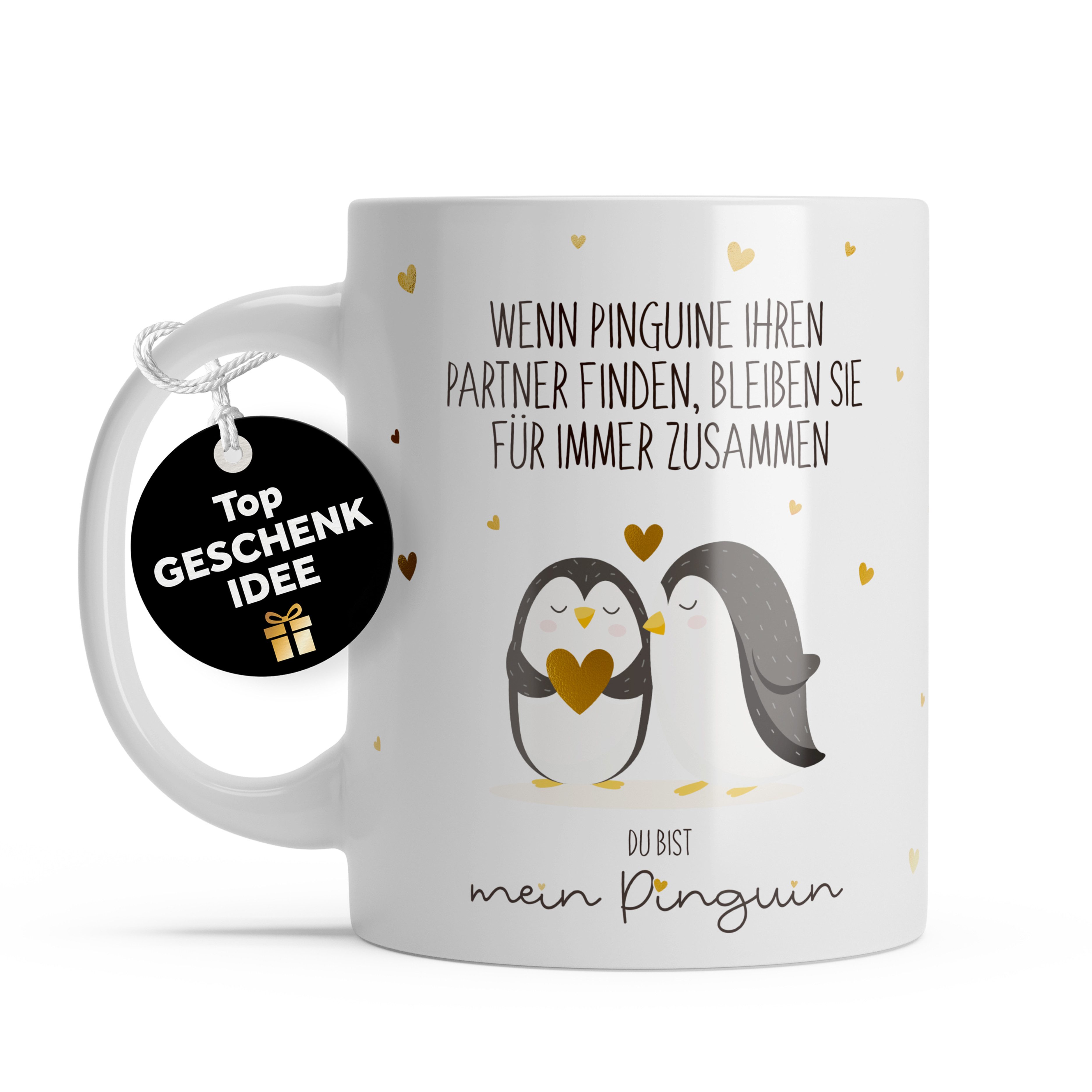 Amari Tasse Du bist mein Pinguin Spruch Gold, Pinguin Geschenk Partner Freundin, Kaffeetasse Teetasse 330 ml Geschenkbox Jahrestag Hochzeitstag
