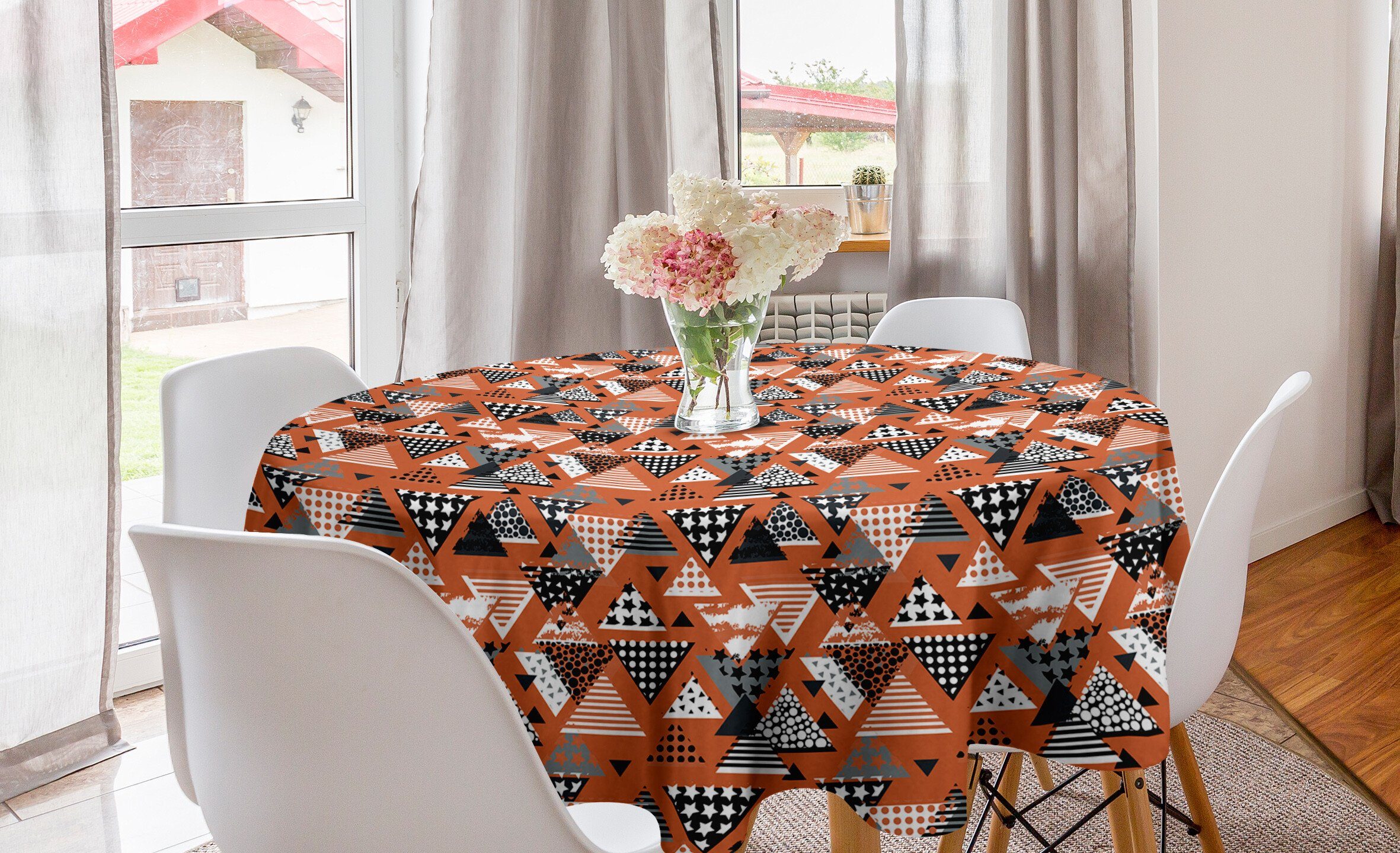 Abakuhaus Tischdecke Kreis Tischdecke Abdeckung für Esszimmer Küche Dekoration, Orange Geometrisches Dreieck Ornamente