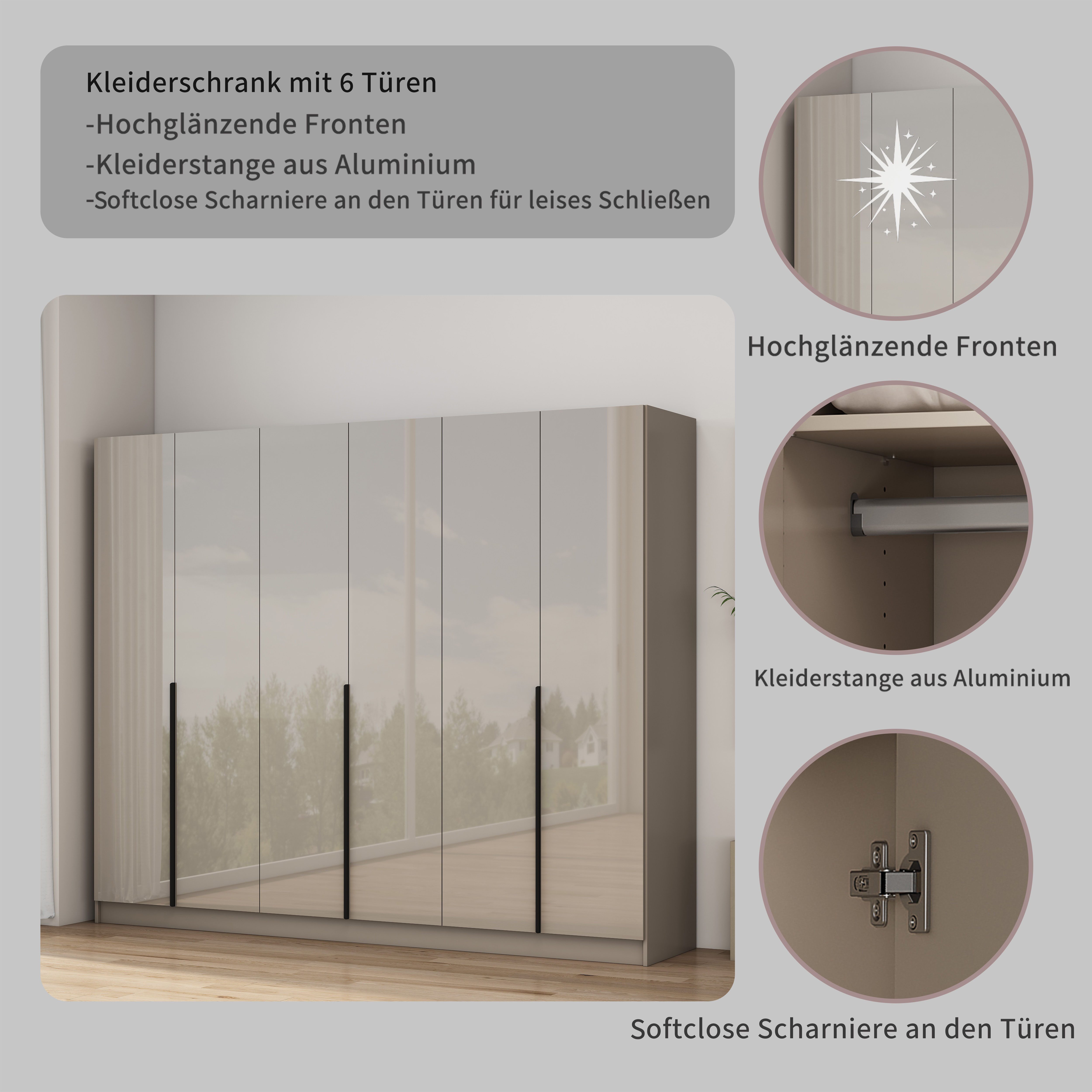 OTTO home Kleiderschrank Annor Schlafzimmerschrank Breite 242cm hochglanz Schrank Garderobe (mit 2 großen Innenspiegeln an den Türinnenseiten) Drehtürenschrank  – Bild 3 von 5