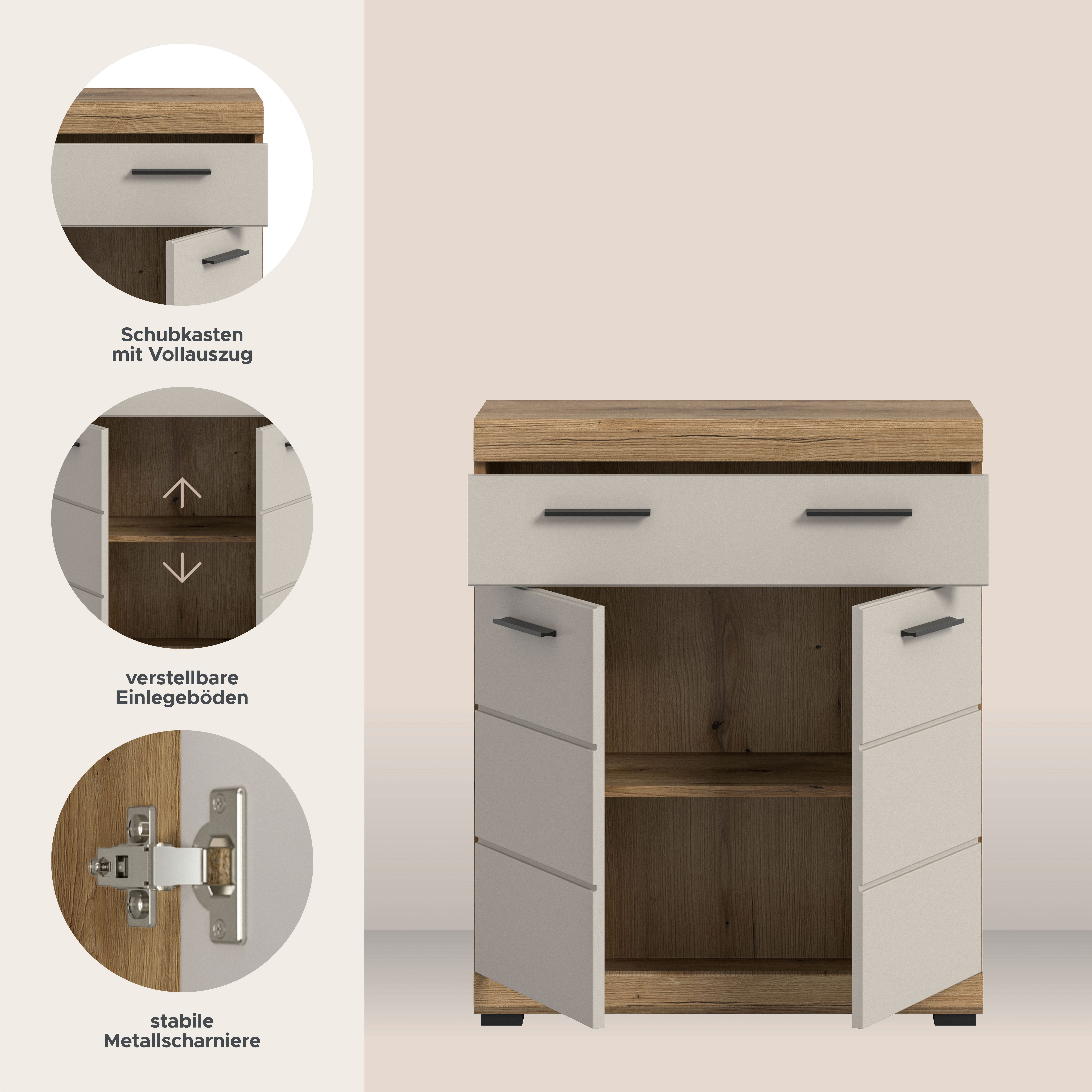welltime Unterschrank SIENA, Breite 74cm, 2 Tür, 1 Schubkasten, 2 Fächer, MDF-Front (TOPSELLER)