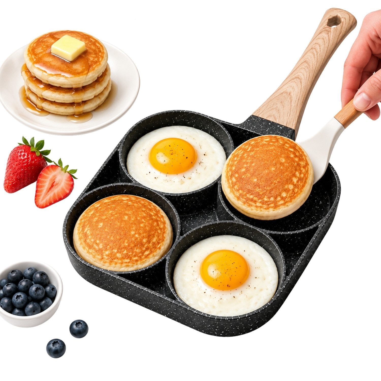 Hard-er Bratpfanne 4 Mulden 18 cm Granit-Antihaft für Induktion und Gas, Stahl, ideal für kreative Frühstücksideen und portionsweises Braten