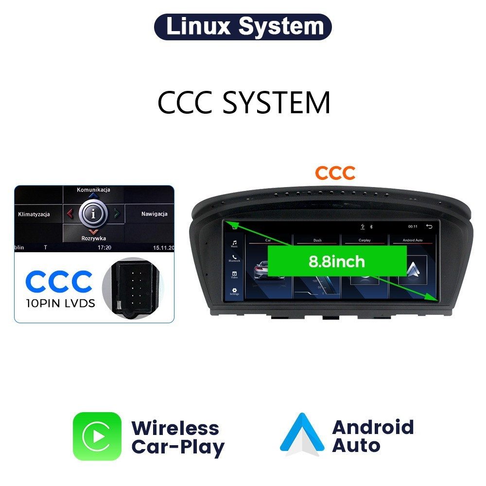 GABITECH 8.8" Drahtlos CarPlay/Android Auto für BMW CCC E60 E61 E90 E91 E92 CCC Einbau-Navigationsgerät (Kabellos Apple Carplay und Android Auto, Linux System)