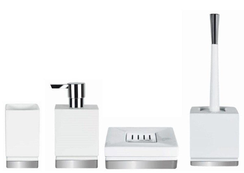 spirella Badaccessoires-Sets ROMA, Zubehör-Set aus hochwertigem Porzellan, klassisch-elegante Form, weiß-silber, 4 tlg., bestehend aus: WC-Bürste, Seifenspender, Zahnputzbecher, Seifenschale