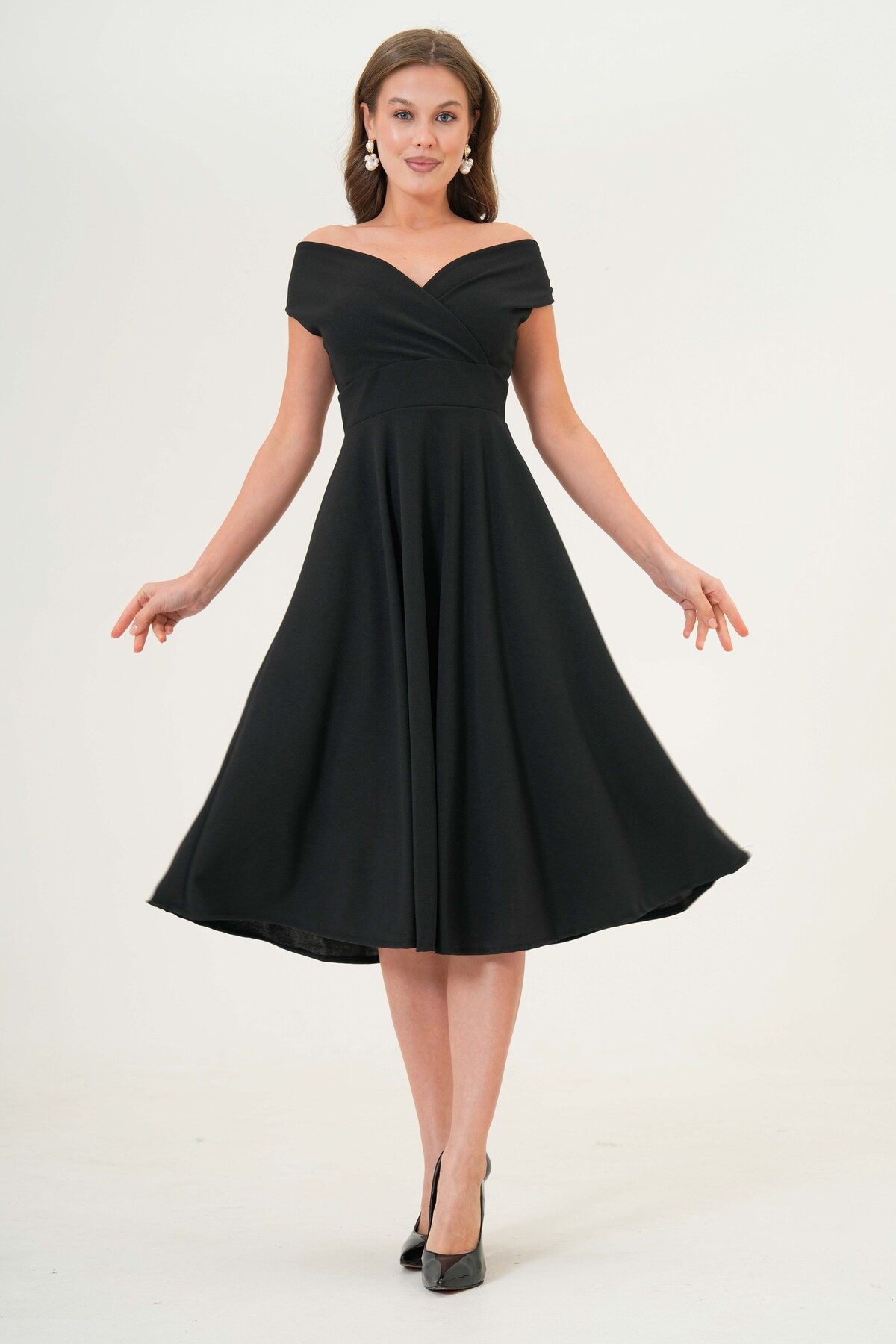 WOMAN VISION Minikleid Damen Schwarzes Stretch-Stoff Wickelhals-Design Schw günstig online kaufen