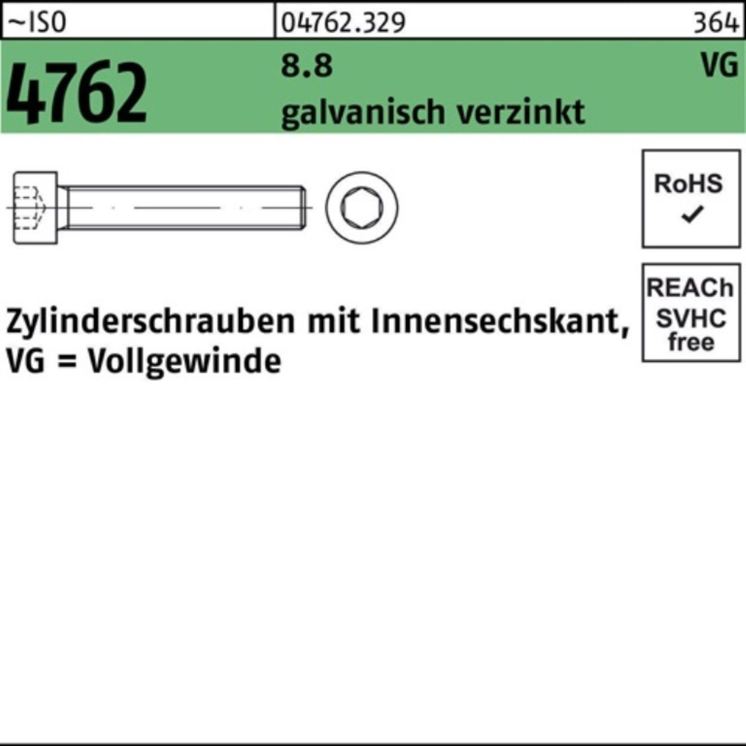 Reyher Zylinderschraube VG 8.8 Zylinderschraube 4762 M8x80 ISO Innen-6kt 200er galv.verz. Pack