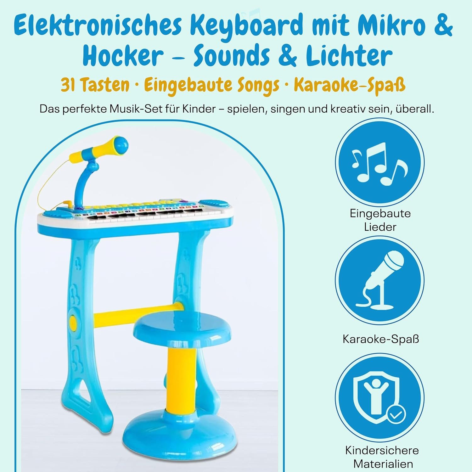 Best for Home Spielzeug-Musikinstrument Elektronisches Kinder-Keyboard mit Mikrofon & Hocker – Licht & Sound, (Kinder-Musikspielzeug / Keyboard-Set, 5 tlg., 1 Set), 31 Tasten, Licht- & Soundeffekte, Aufnahmefunktion, Karaoke-Mikrofon