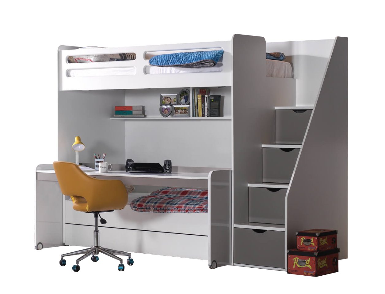 Möbel-Zeit Etagenbett Etagenbett Smart mit Schreibtisch, Treppe und Bettkasten grau | Etagenbetten