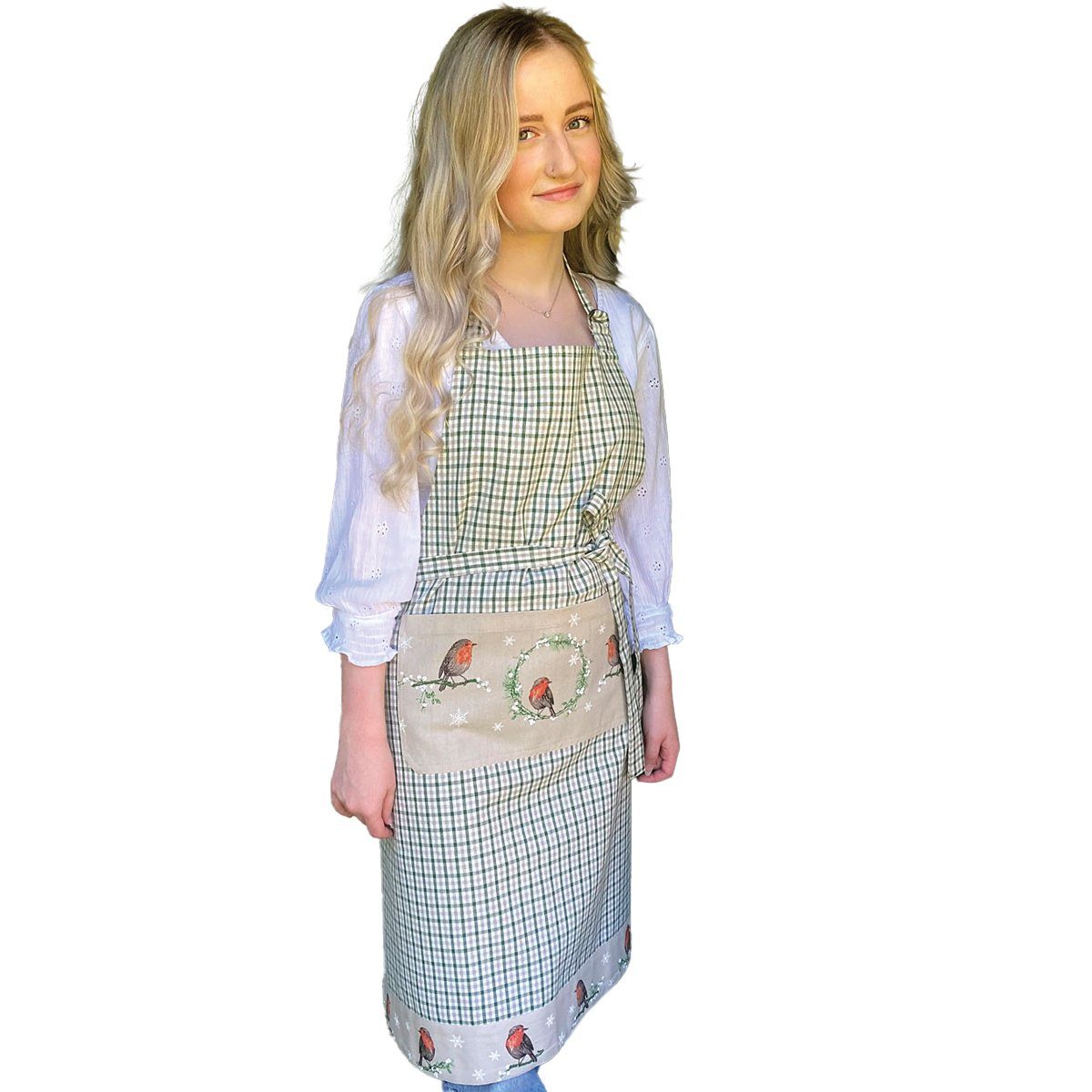 matches21 HOME & HOBBY Kochschürze Kochschürze LEILA Karo Vogel Tanne bunt 70x85 cm Landhaus, (1-tlg), Hochwertige Vintage Kochschürze für Damen