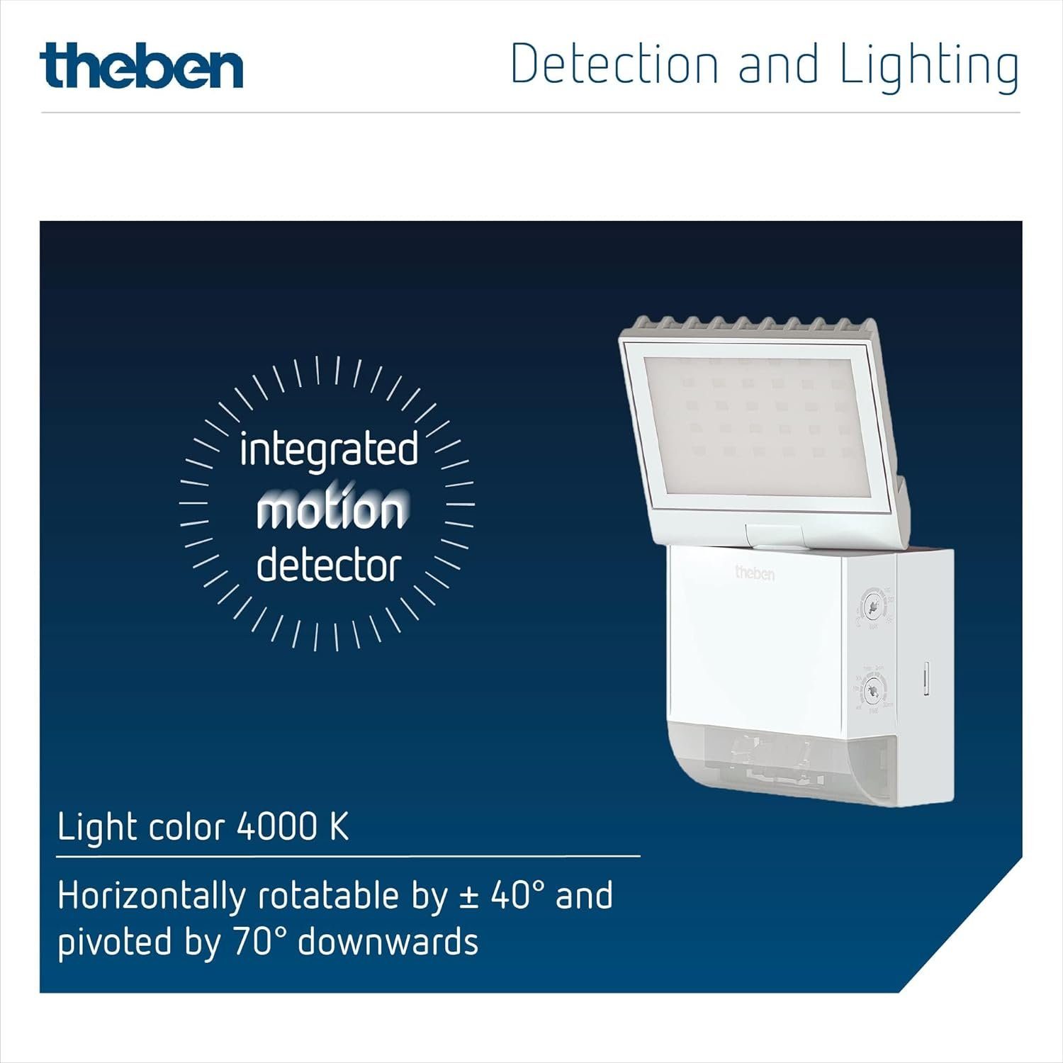 theben LED Wandstrahler LED-Wandleuchte theLeda S8-100 WH 1020800, horizontal um ± 40° drehbar / 70° nach unten schwenkbar, Wandbeleuchtung möglich, 180° Erfassung, 10 m Reichweite, LED fest eingebaut, neutralweiß, außen, integrierter Bewegungsmelder, 8,5 W, weiß