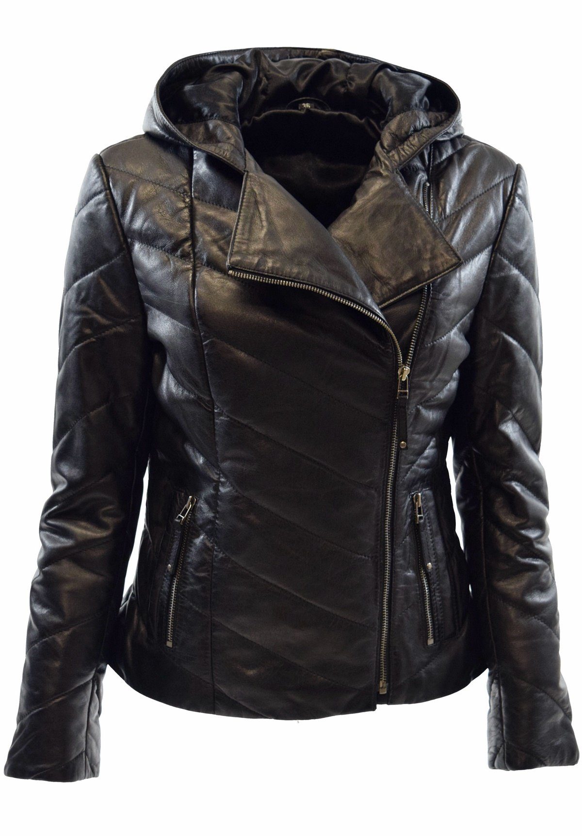 Elda Leather weichem Schwarz, Braun mit Zimmert Kapuze aus Leder Stepp-Lederjacke Lederjacke