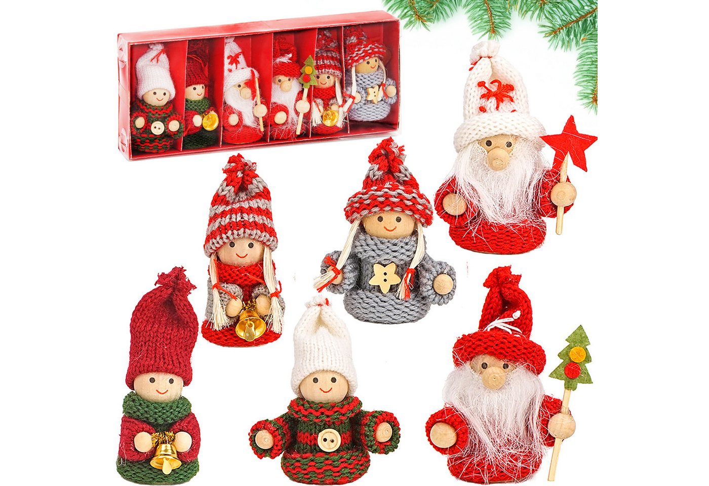 BRUBAKER Christbaumschmuck Weihnachtswichtel Set, Winterkinder (6-tlg), Holz Weihnachtsanhänger und Strick, 8 cm, Baumschmuck Weihnachten