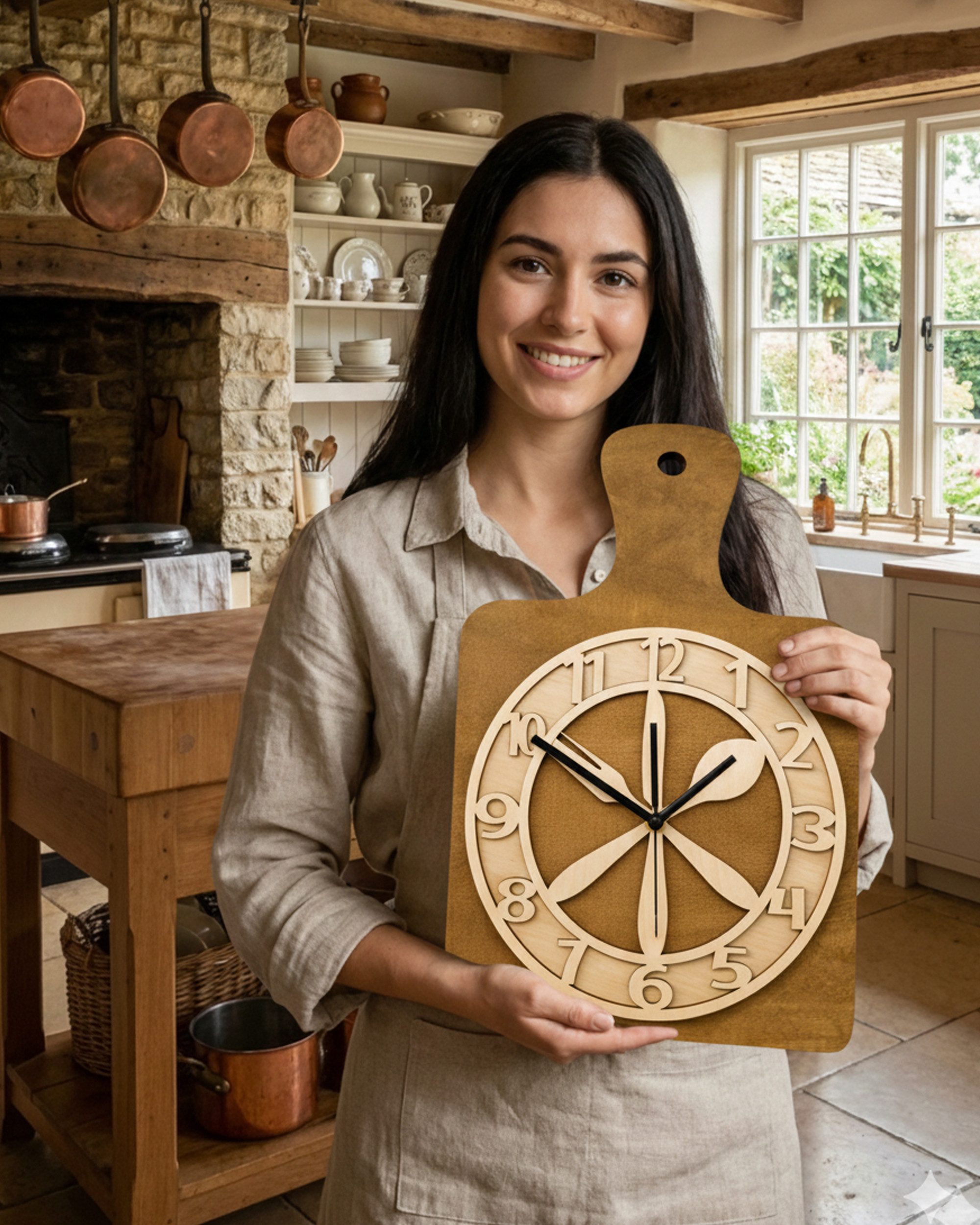 ORNAMENTI Wanduhr Küchenuhr handgefertigte, Schneidebrett, Hingucker Wanddeko, Holz (lautlos, ohne Tickgeräusche für Küche, lesbare Ziffern)