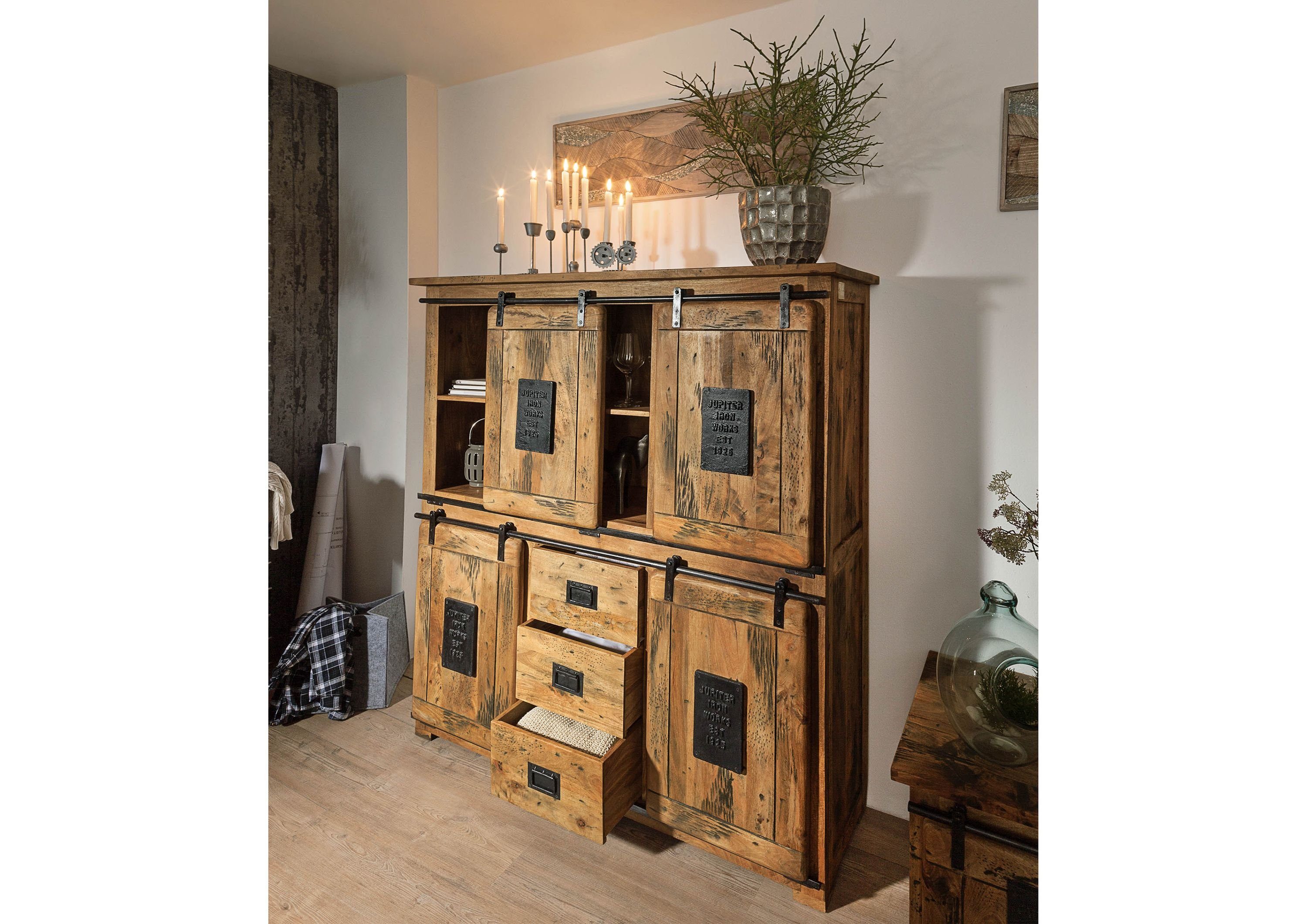 Massivmoebel24 Highboard RAILWAY (Massivholz), Mango 150x45x160 natur lackiert RAILWAY #125