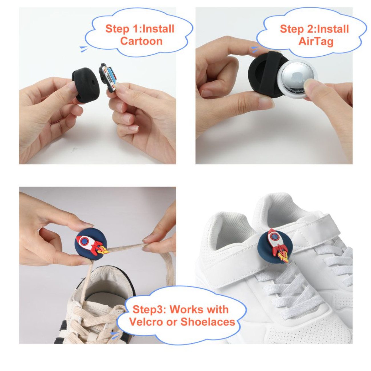 TECH PROTECT Runder Anhänger (4er-Pack Silikonhüllen mit Motivaufsätzen), Kinderfreundliche AirTag-Hüllen mit Schuhbandhalterung