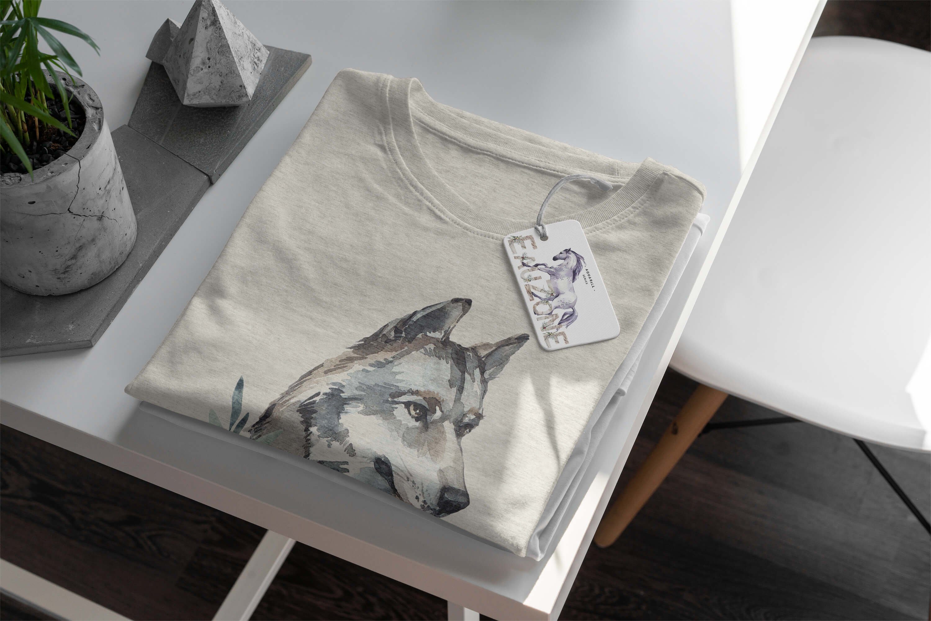 Art T-Shirt T-Shirt aus Shirt (1-tlg) erneuer Sinus Herren 100% Bio-Baumwolle Wolf gekämmte Motiv Aquarell Ökomode Nachhaltig