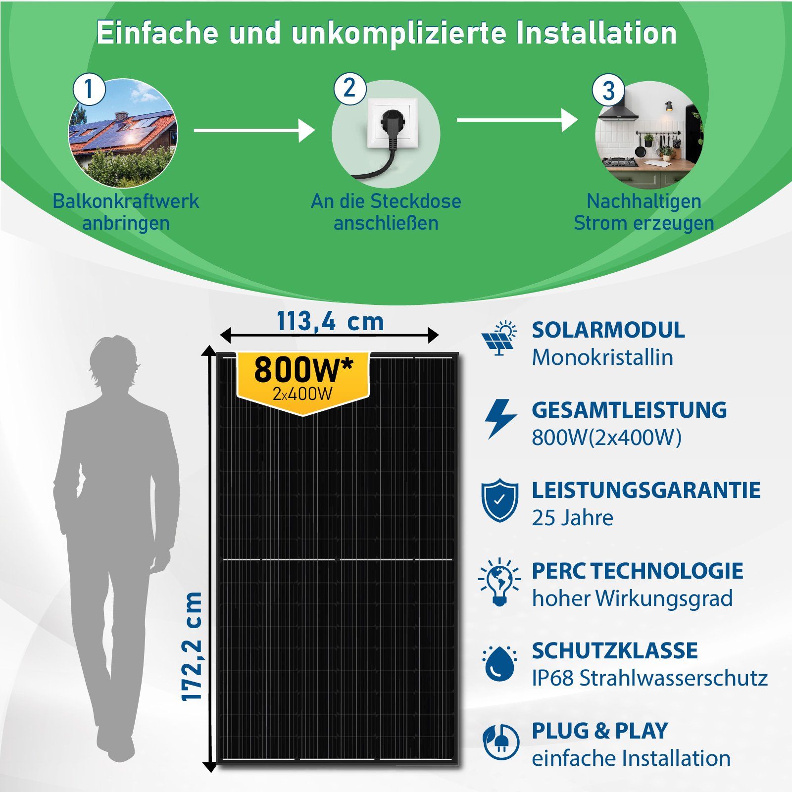 Balkonkraftwerk Campergold Wechselrichter Premium Mit 800W 800W Halterung, WIFI Süd Solaranlage Upgradefähiger PV-Montage Aufständerung Hypontech