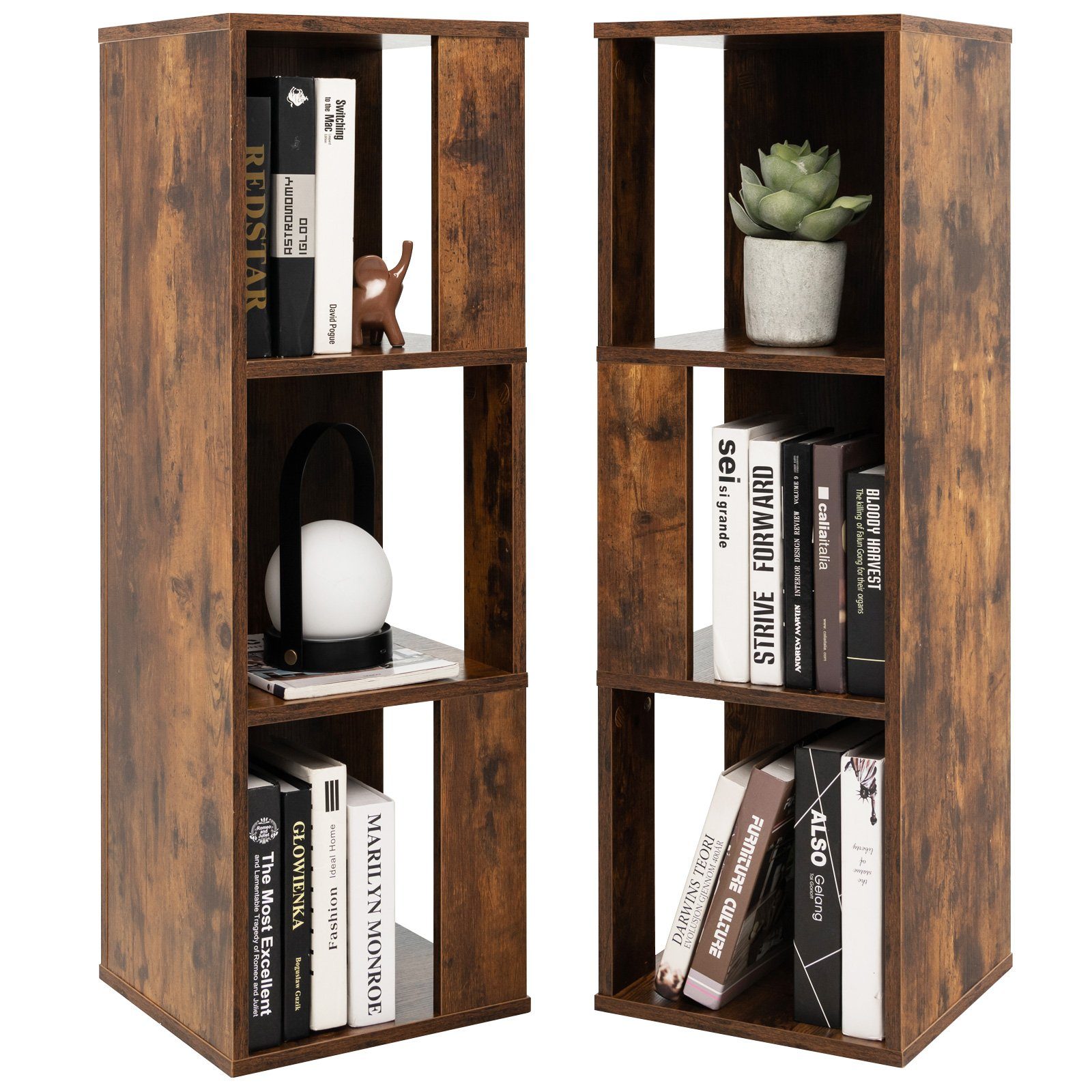 COSTWAY Bücherregal, 2-tlg., mit 6 Kippschutz, 33x33x100,5cm Braun Fächern, Holz
