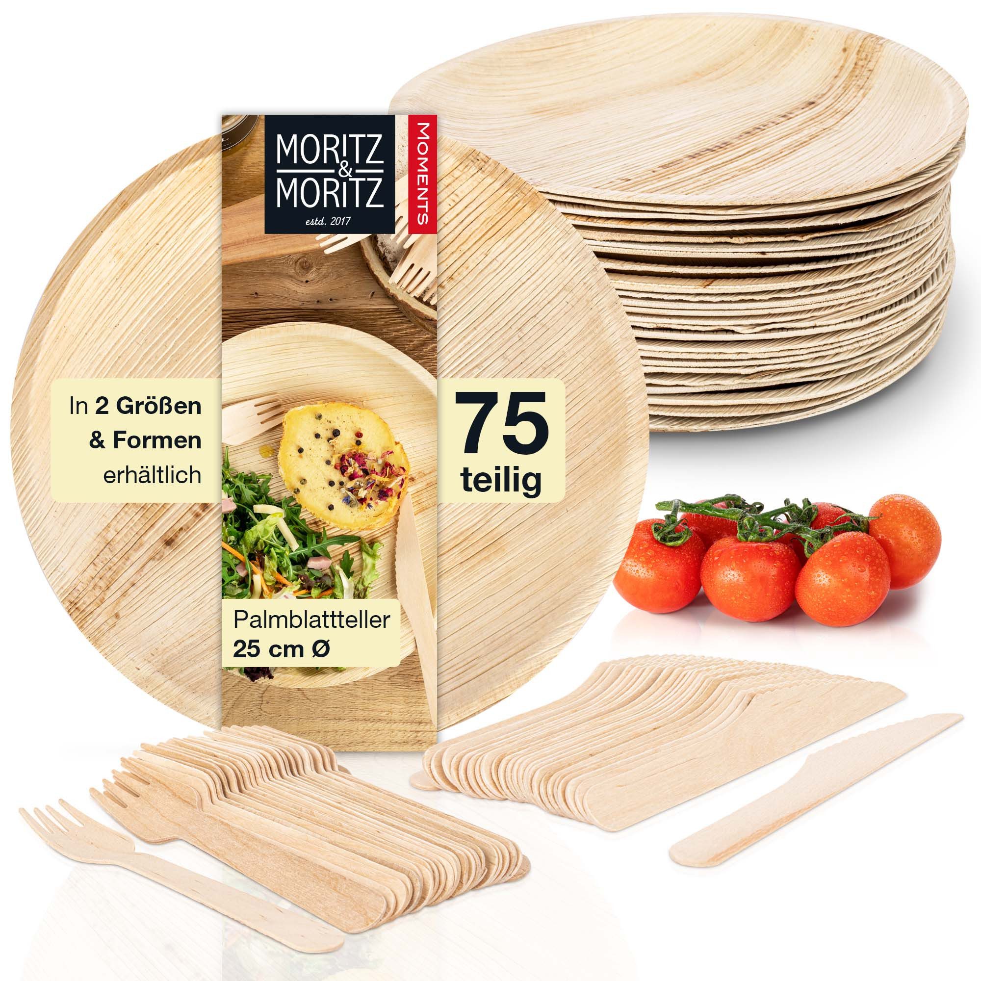 Moritz & Moritz Einweggeschirr-Set 75tlg Palmblatt Geschirrset Rund 25cm (75-tlg), 25 Personen, Palmblatt, Birkenholz, 25x25cm
