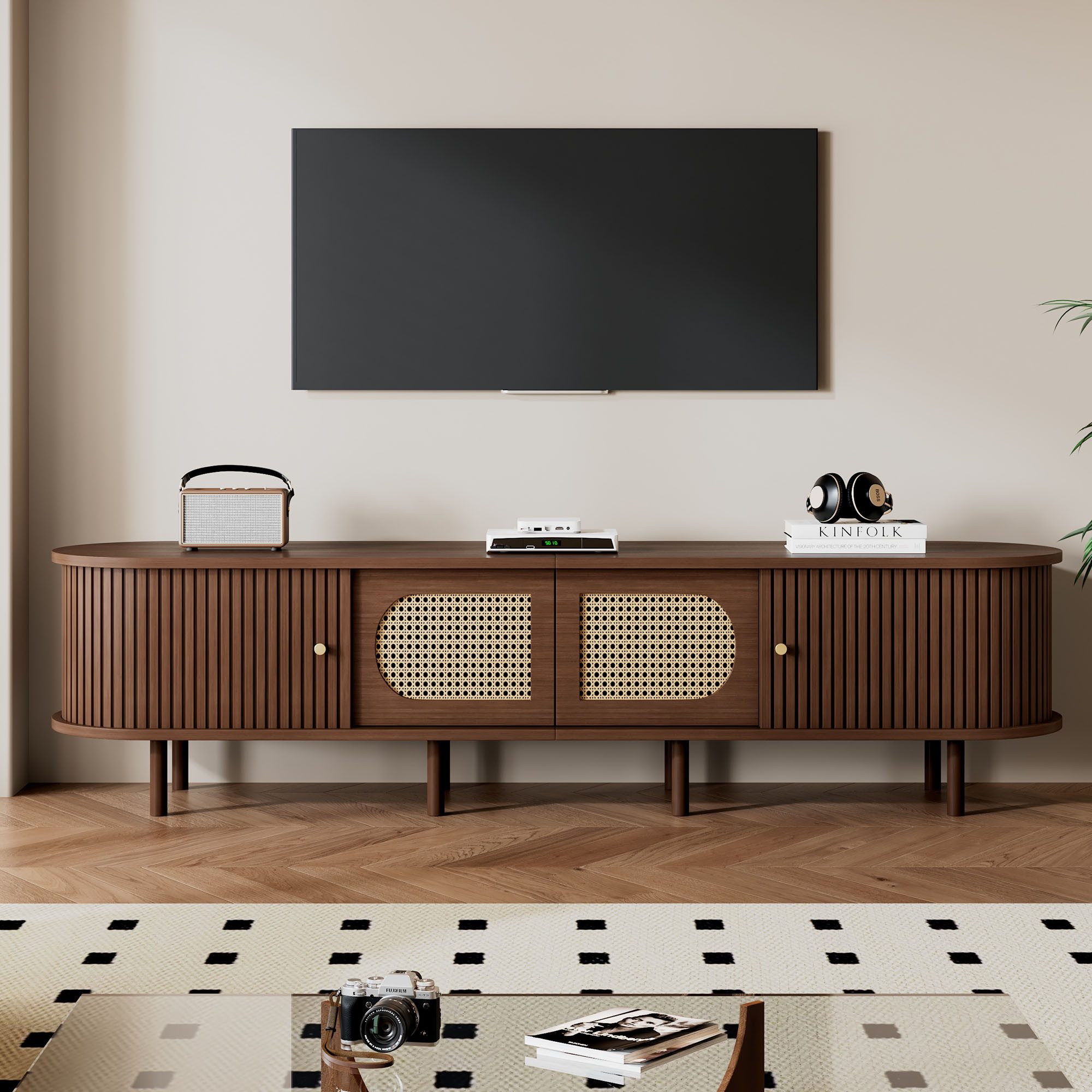 STILVORA Lowboard wohnzimmer TV-Ständer mit Stauraum Lowboard Rattan-Design Nussbaum