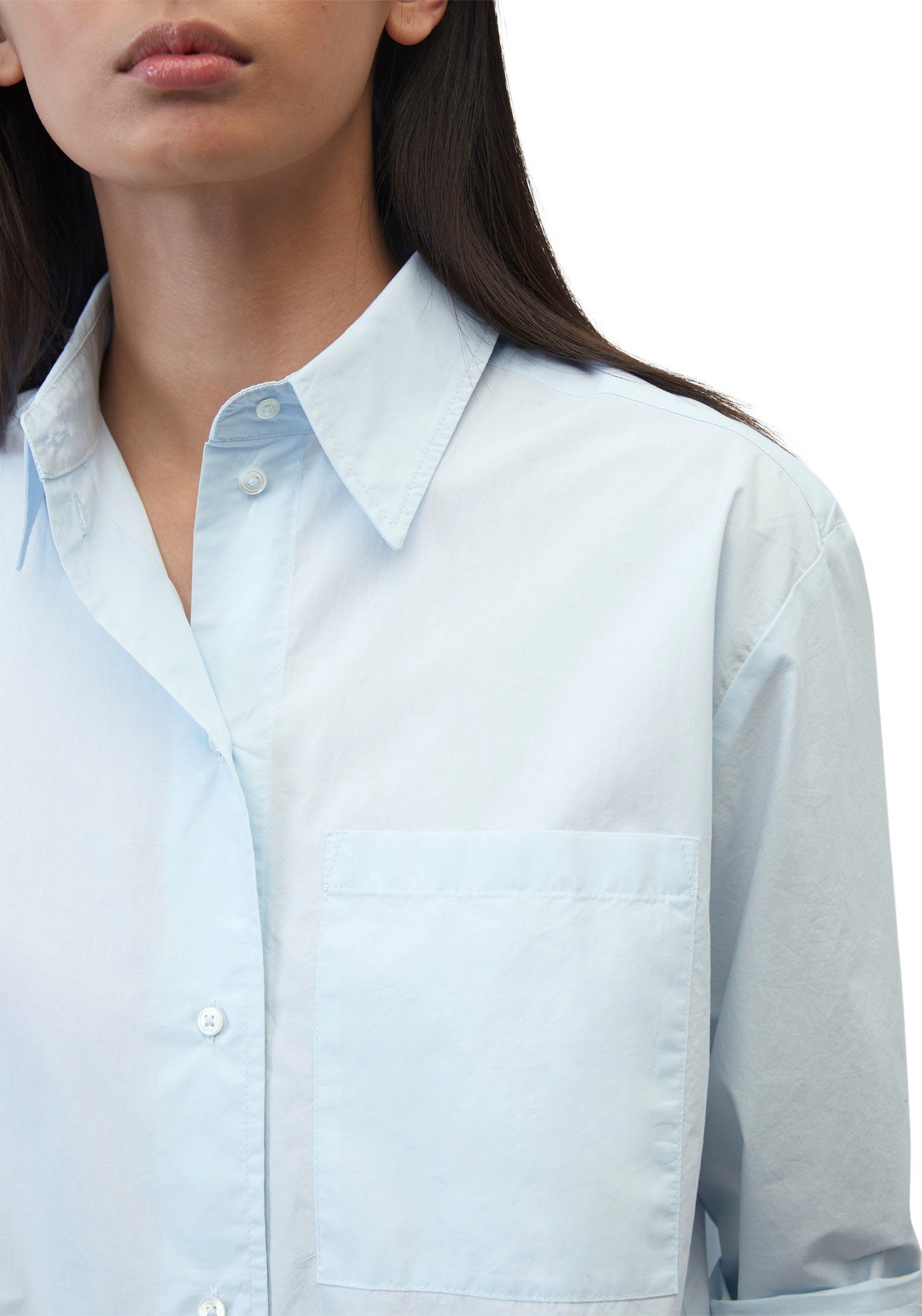 Blouse, mit long solid einer O'Polo Hemdbluse kent patched Marc sleeve, collar, pocket, Brusttasche hellblau aufgesetzten