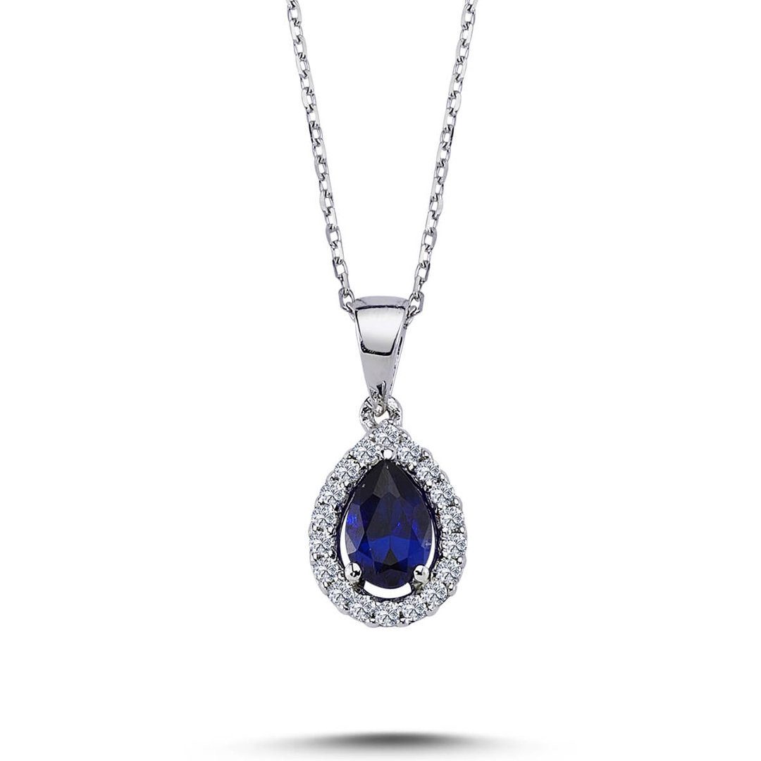 EinStein Diamant Goldkette Diamant Saphir Halskette Drop Anhänger mit Kette 14 Karat Weißgold