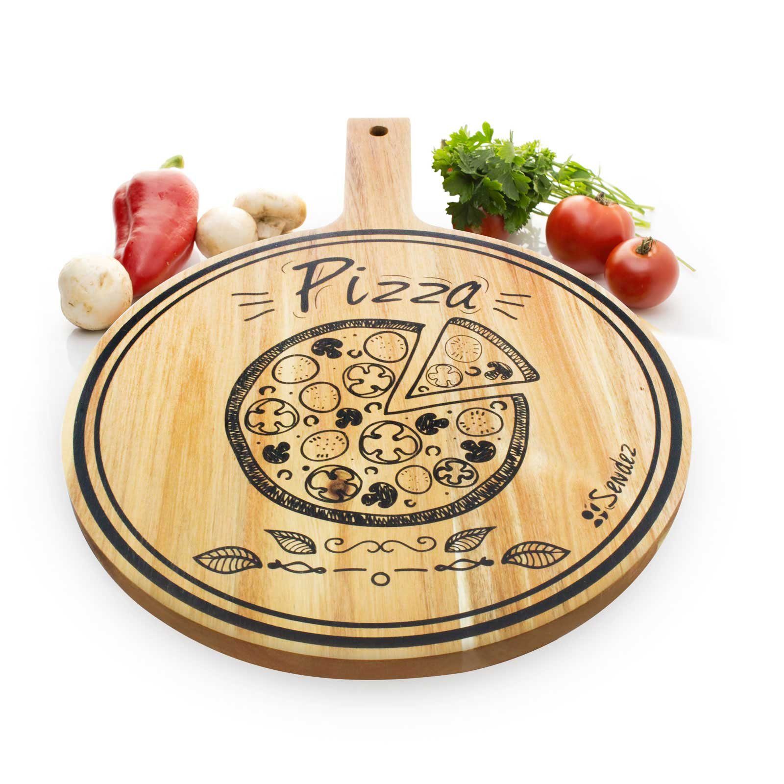 Sendez Pizzaschneidebrett Pizzabrett mit Griff und Aufdruck ø30cm Holzbrett Pizzateller