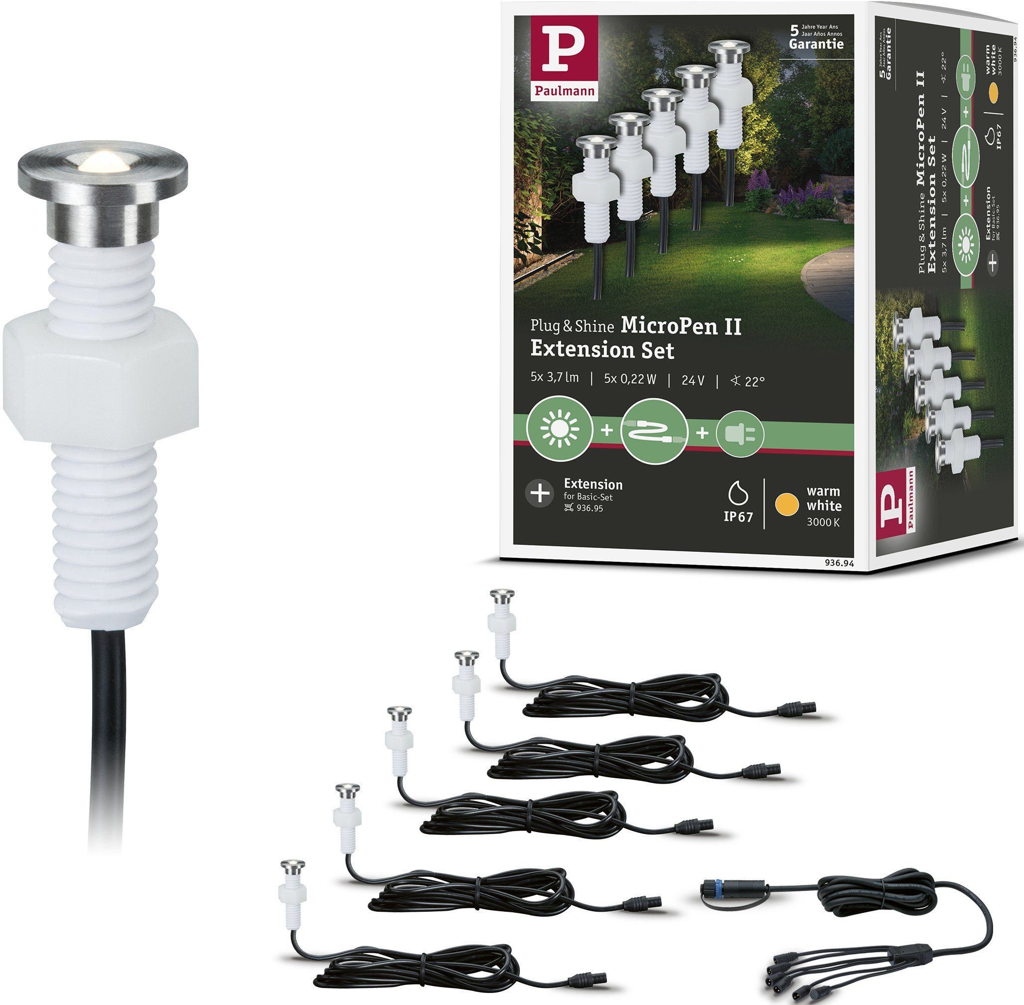 & 5er Einbauleuchte Plug LED-Modul, Edelstahl, Shine, Warmweiß, LED LED Shine, integriert, Paulmann Set 3000K & Plug fest IP67