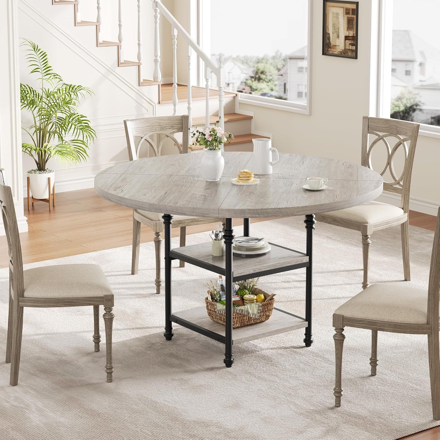 GarveeMore Esstisch mit Holzplatte und Metallbeinen für 4-6 Personen,119cm, Küchentisch mit 2 Ablageflächen und für Esszimmer,Küche,Wohnzimmer