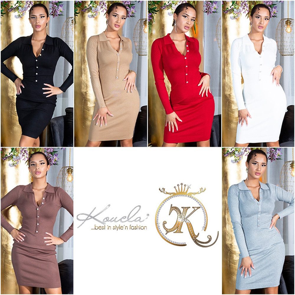 Koucla knitted dress long sleeve figure-hugging with polo collar rhinestone buttons