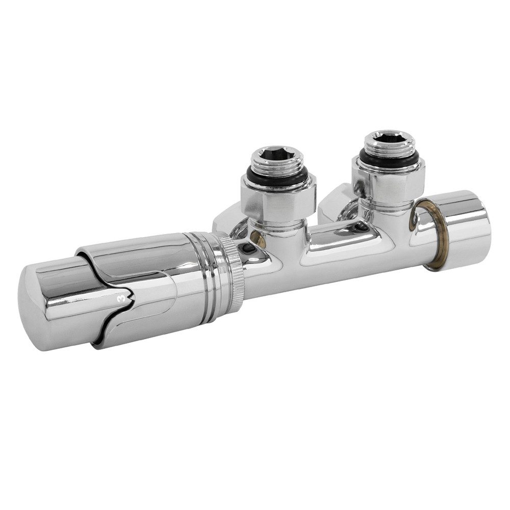 LuxeBath Heizkörperthermostat Ventil-Armaturen Multiblock Mittelanschluss Anschlussgarnitur, Thermostatventil Ventilhahnblock Chrom Eckform + Thermostatkopf