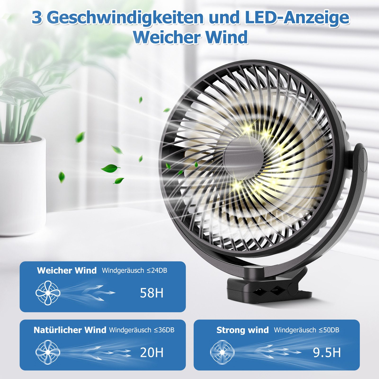 ATEROLL Tischventilator Ventilator mit Licht,3 Geschwindigkeiten,USB 360° Tischventilatoren, 24dB Leise Ventilatoren,Mini-fans für Kinderwagen,Büro und Camping