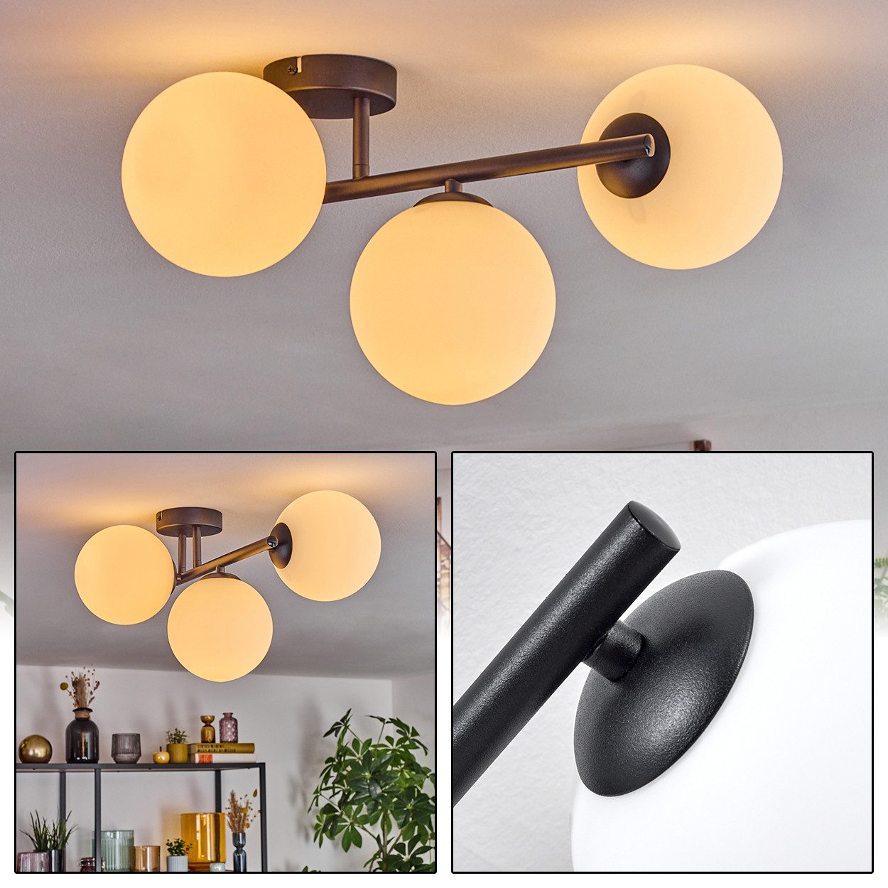 Deckenleuchte Deckenlampe aus Metall/Glas in Schwarz/Weiß/Milchglas