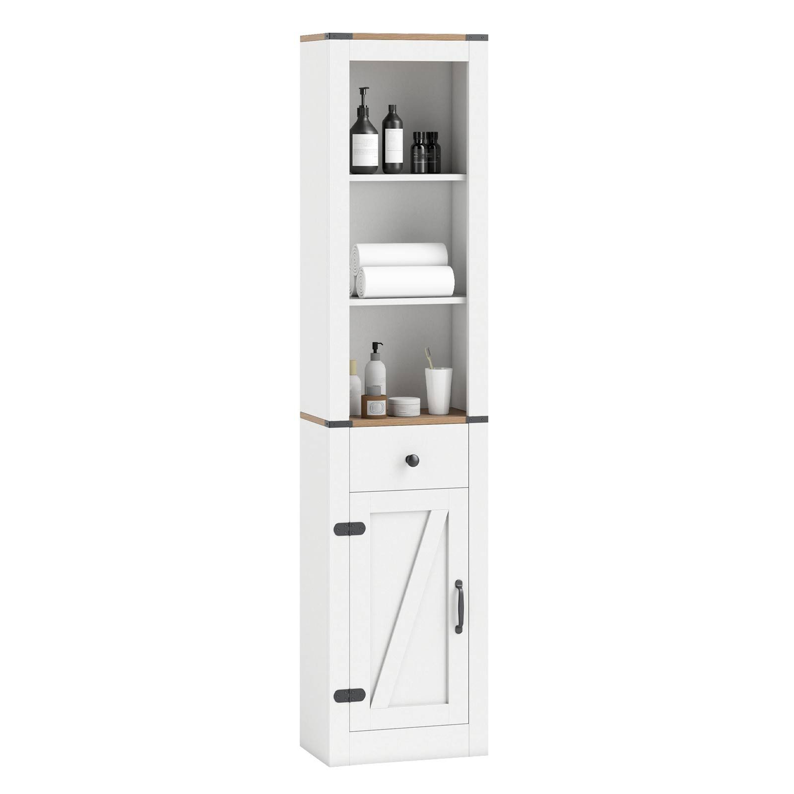 COSTWAY Hochschrank Badezimmerschrank schmal mit Schublade 173cm weiß