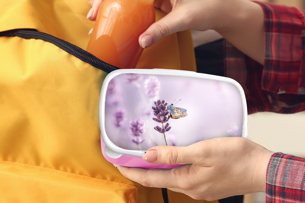 MuchoWow Lunchbox Lavendel - Schmetterling für - (2-tlg), Nahaufnahme - rosa Brotbox Kunststoff Brotdose Lila, Kinder, Kunststoff, Mädchen, Snackbox, Erwachsene