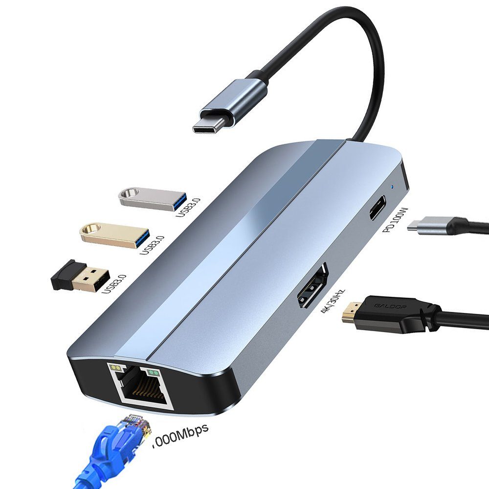 XIIW Laptop-Dockingstation 6 in 1 USB C Hub Adapter, (mit 1000M Ethernet  RJ45, 4K HDMI, 100W PD, USB 3.0, Docking Station Adapter 6 Ports), für  MacBook Pro/Air, iPad Pro, Chromebook, Surface, Dell