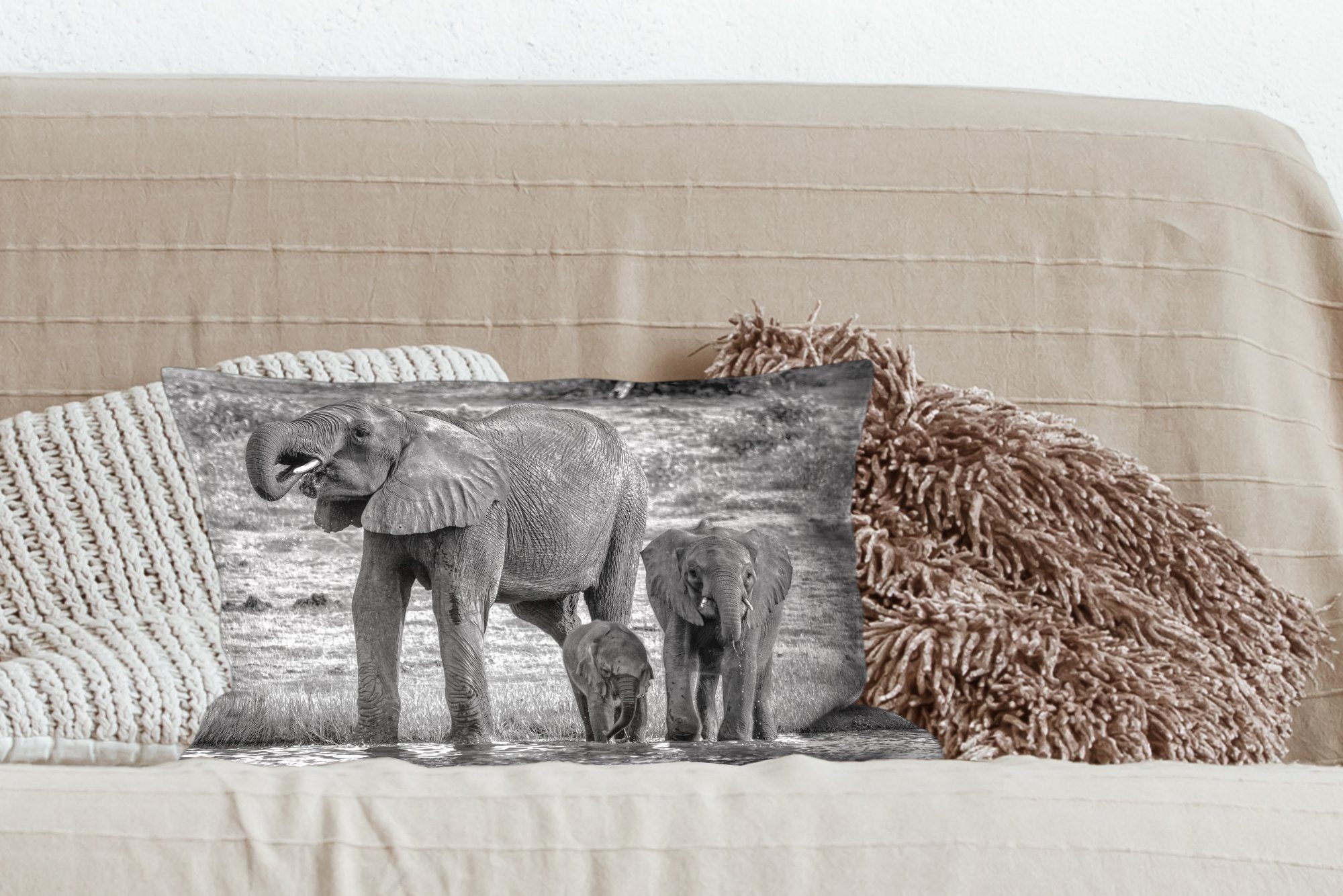 - Elefant - Schwarz Wohzimmer Schlafzimmer Tiere Zierkissen, MuchoWow Dekokissen - Wasser Weiß, Dekokissen Füllung, Dekoration, mit -