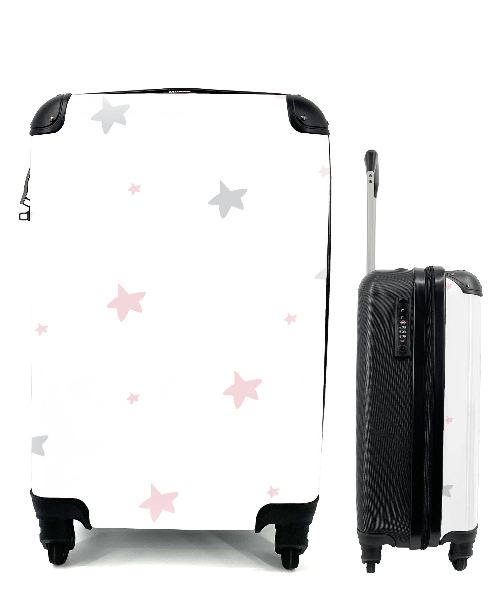 MuchoWow Handgepäckkoffer Illustration mit einem Muster aus rosa und grauen Sternen auf einem, 4 Rollen, Reisetasche mit rollen, Handgepäck für Ferien, Trolley, Reisekoffer