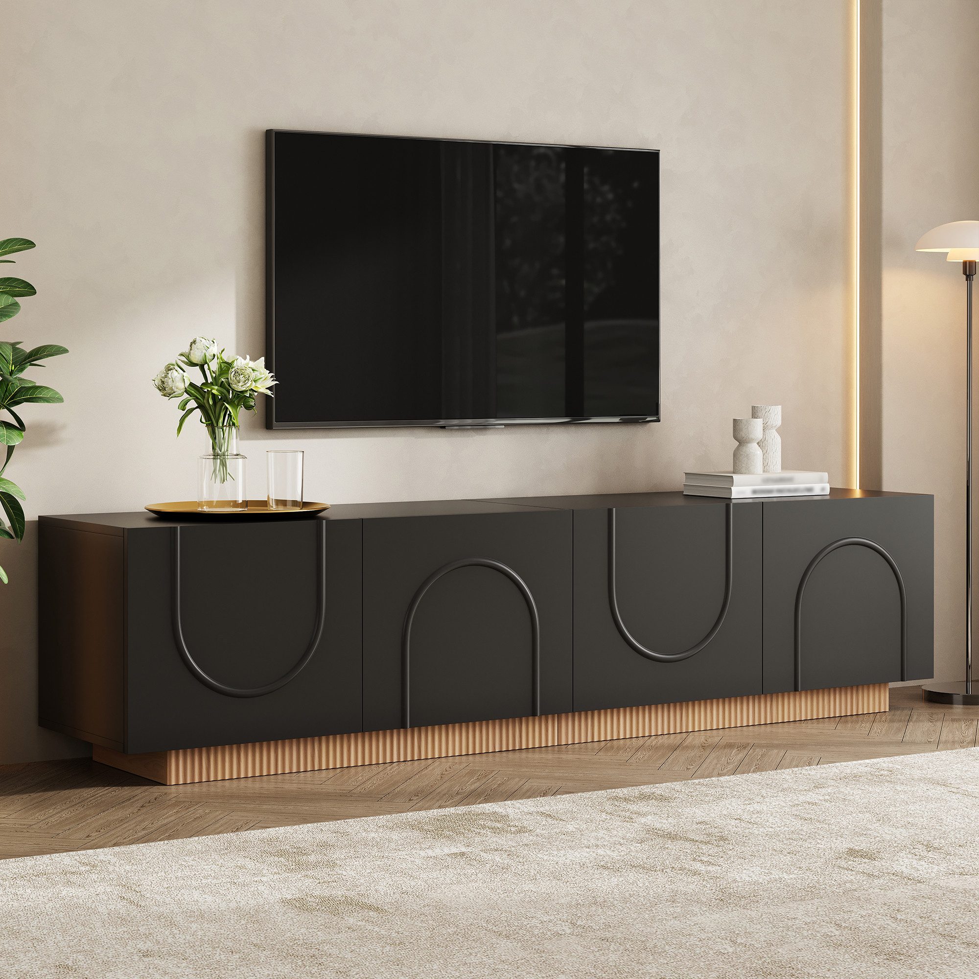Merax Lowboard mit 4 Türen, Stauraum, Kabelöffnung & gedämpften Scharnieren (1 St), TV-Schrank Fernsehtisch mit Bogenfront Design, 170x38x42cm