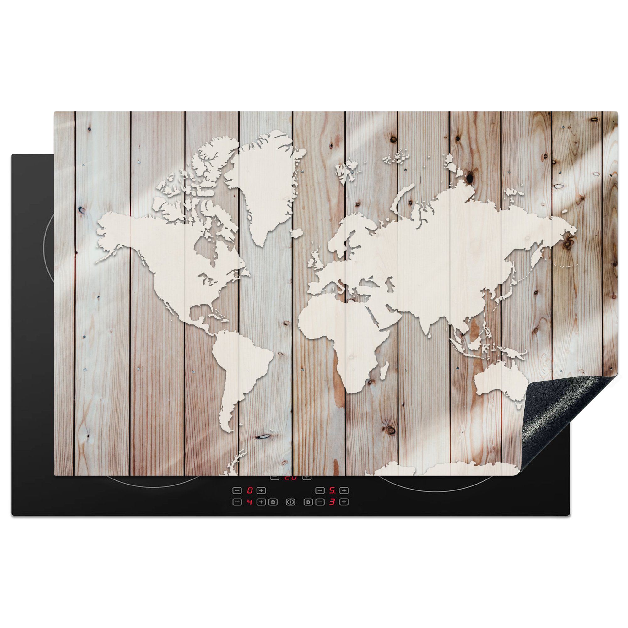 MuchoWow Herdblende-/Abdeckplatte Weltkarte - Holz - Einfach, Vinyl, (1 tlg), 81x52 cm, Induktionskochfeld Schutz für die küche, Ceranfeldabdeckung