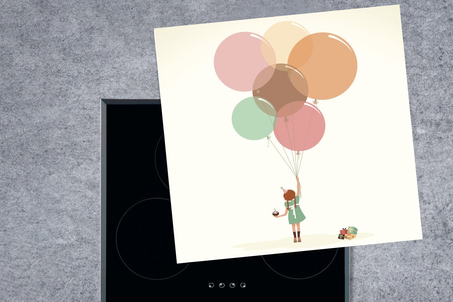 cm, tlg), Ceranfeldabdeckung, küche Eine Illustration Arbeitsplatte Mädchens Luftballons, (1 Herdblende-/Abdeckplatte MuchoWow 78x78 eines für mit Vinyl,